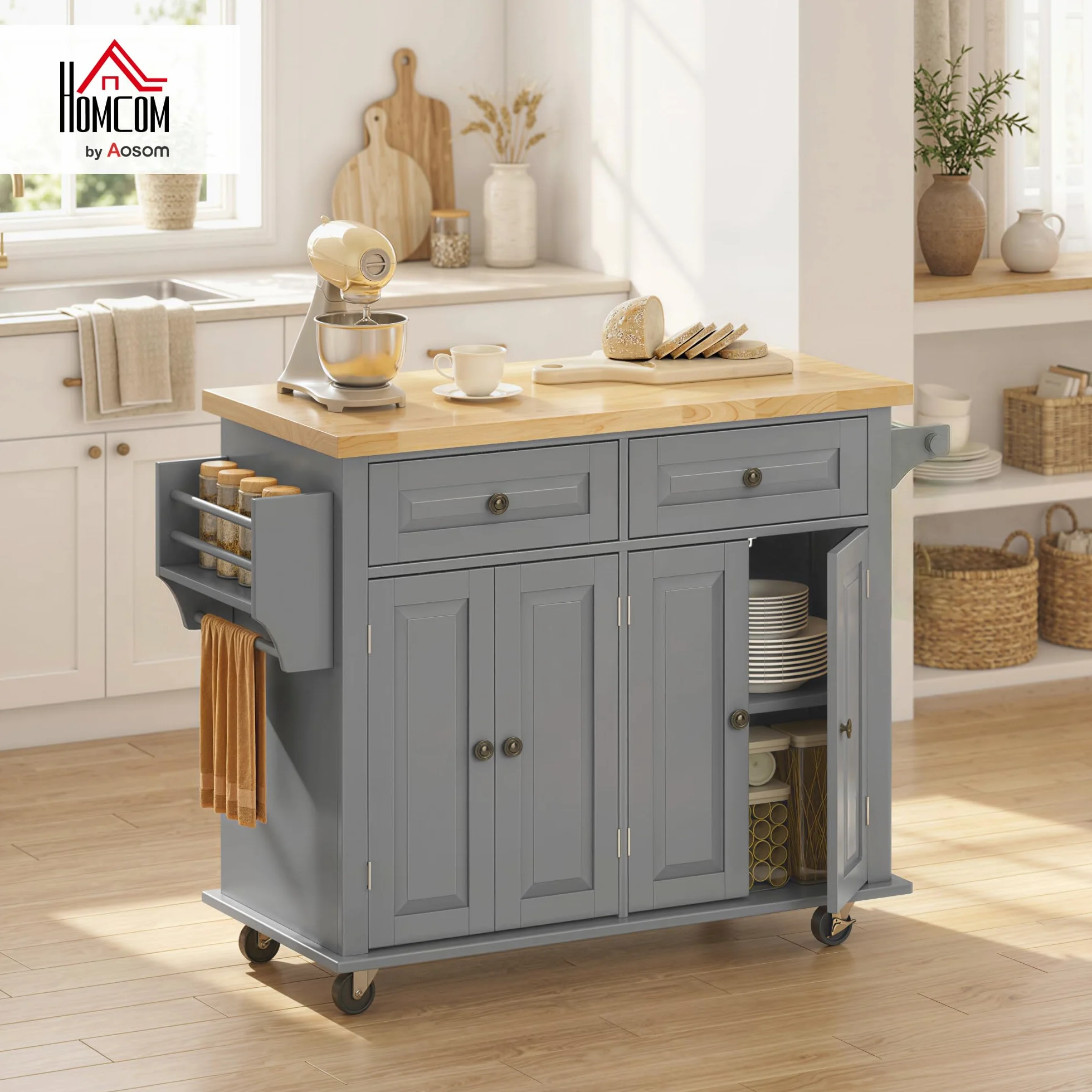 HOMCOM Isla de Cocina con Ruedas Carro de Cocina con 2 Cajones 4 Puertas Especiero Encimera de Madera Estante Ajustable y Barra Lateral para Comedor 111x44,5x82,5 cm Gris