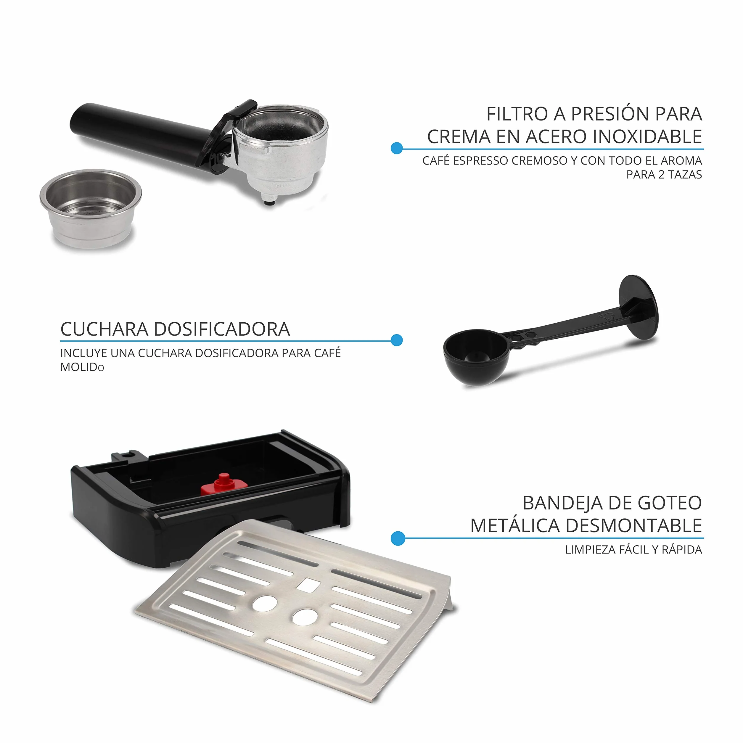 TM Electron TMPCF101 cafetera Espresso Manual con 15 Bares de presión, 1200W, depósito 1,2 L, espumador de Leche, 3 Funciones, Fabricado en Acero Inoxidable