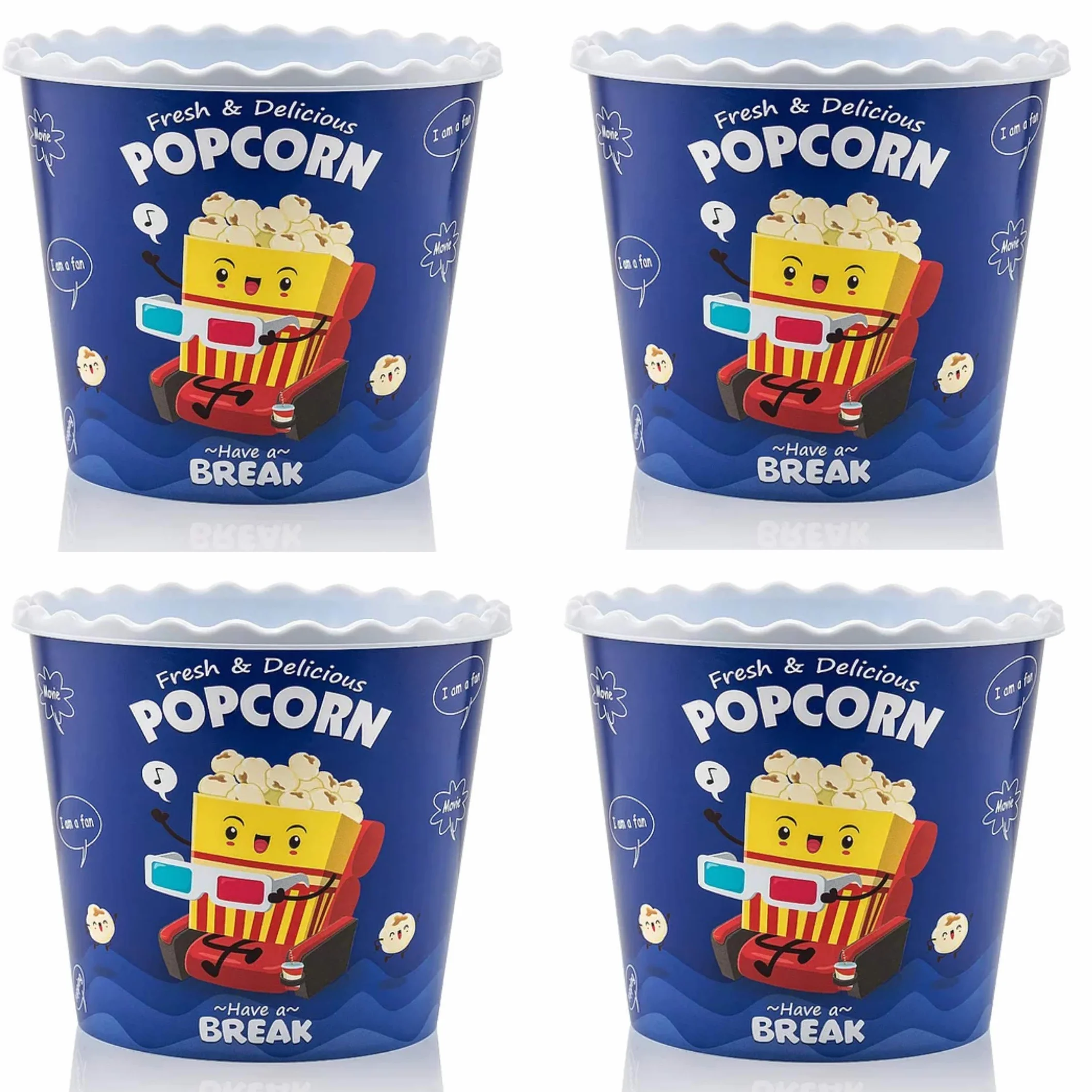 Caja de palomitas de maíz de plástico reutilizable de estilo moderno, para palomitas de maíz, juego de cuencos de palomitas de maíz para la noche de cine – libre de BPA – azul, paquete de 4 – 70 onzas