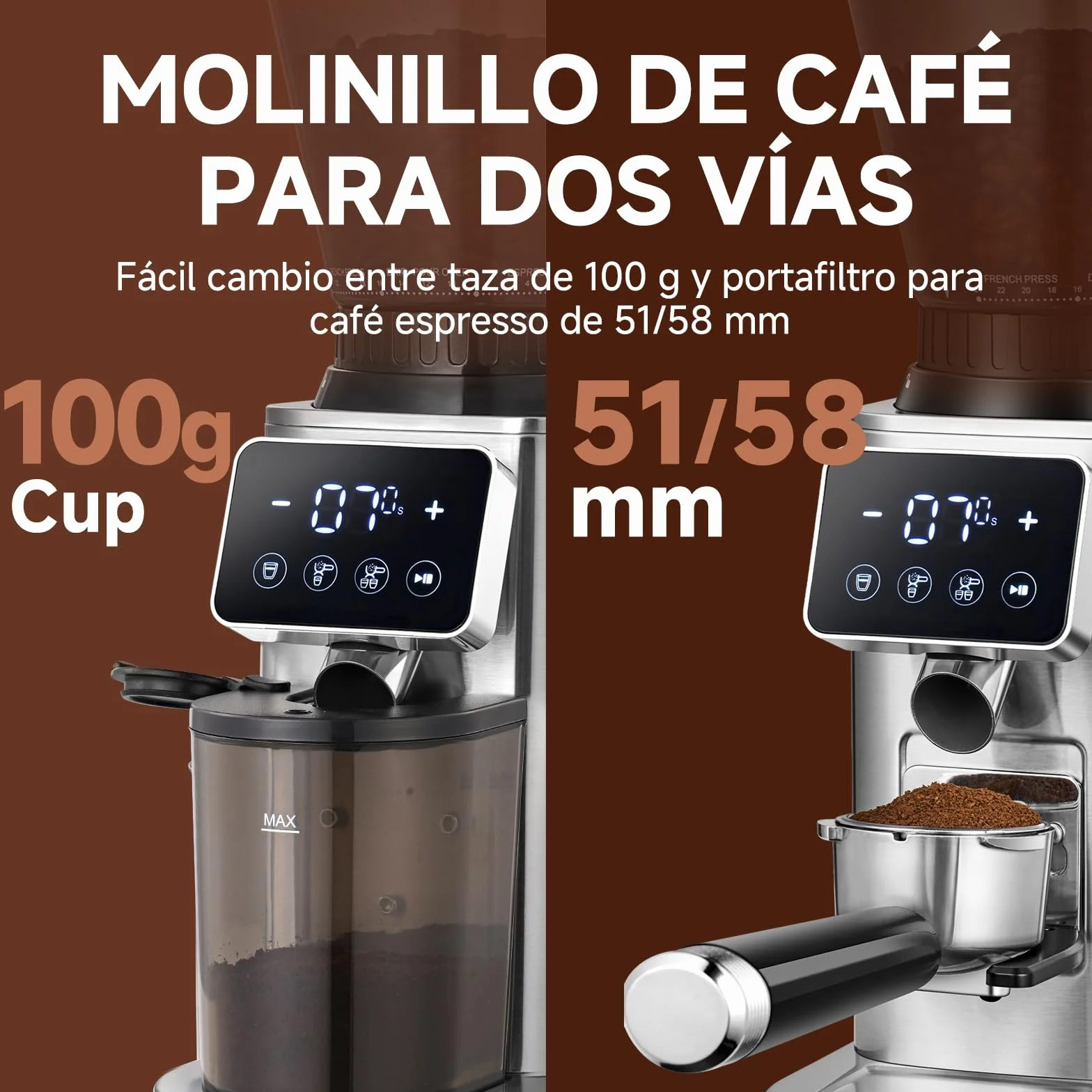 AMZCHEF Molinillo de Café Eléctrico con 48 Niveles de Molienda, Sistema Antiestático, Pantalla Táctil LCD, Depósito de 300 g, Acero Inoxidable, para Espresso, Café Filtrado, French Press