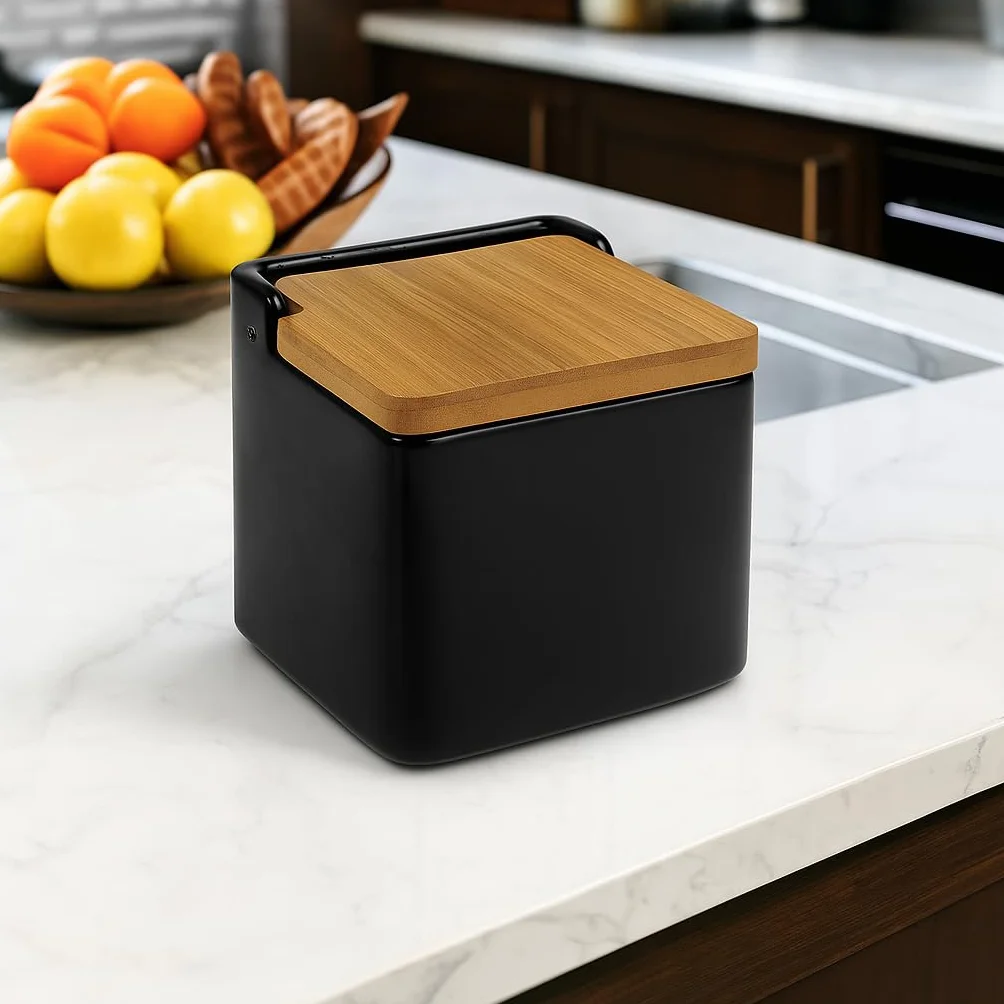 Salero de Cocina de Cerámica con Tapa de Bambú Negro Mate 12,2 x 12,2 x 11,5 cm