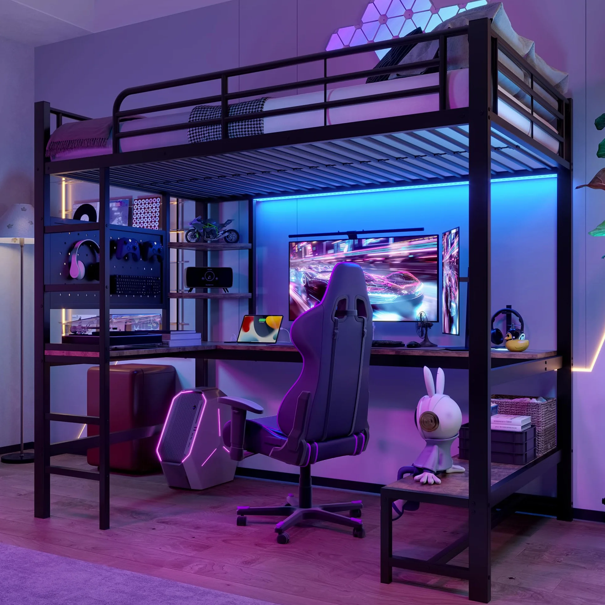 Lubvtti Cama alta 90x200, con escritorio, toma USB+TYPE-C, tira LED, estantes, panel perforado, cama apilable para niños, estructura de cama infantil de hierro (B-Negro)