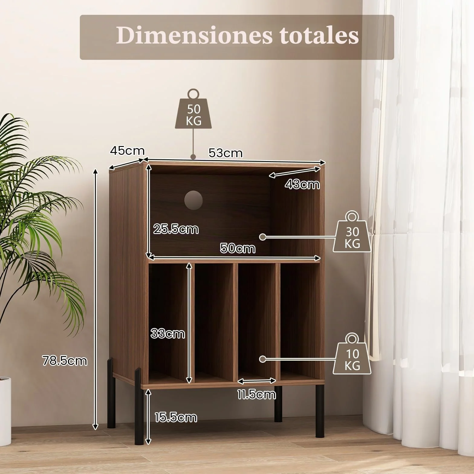 KOMFOTTEU Soporte para Tocadiscos con Estación de Carga, Estantería para Discos de Vinilo con 5 Compartimentos Abiertos, Mesa Auxiliar para hasta 150 Álbumes, Mesa de Impresión para Oficina (Nogal)