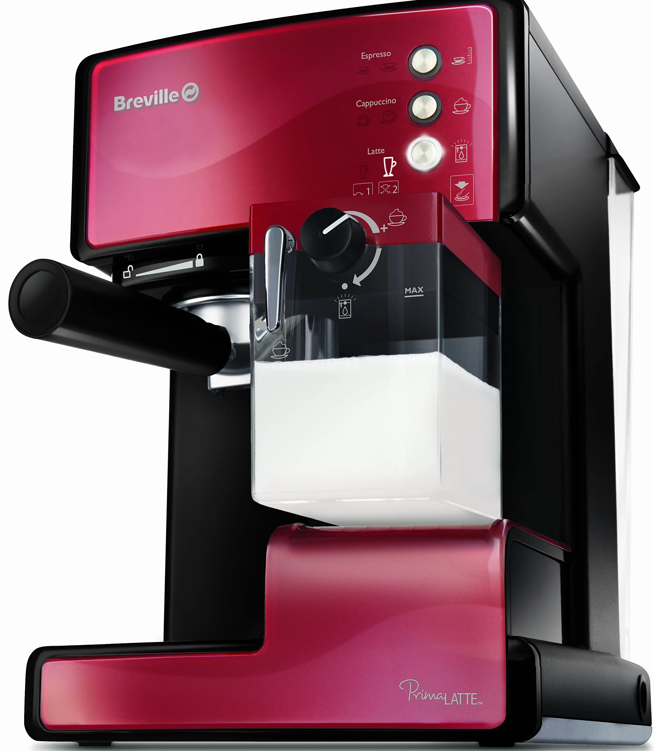 Breville PrimaLatte Cafetera para espressocappuccino y latte | Bomba italiana con 15 bar | Adecuado para café molido y monodosis | Depósito para tratamiento de leche integrado | Metálico/Rojo