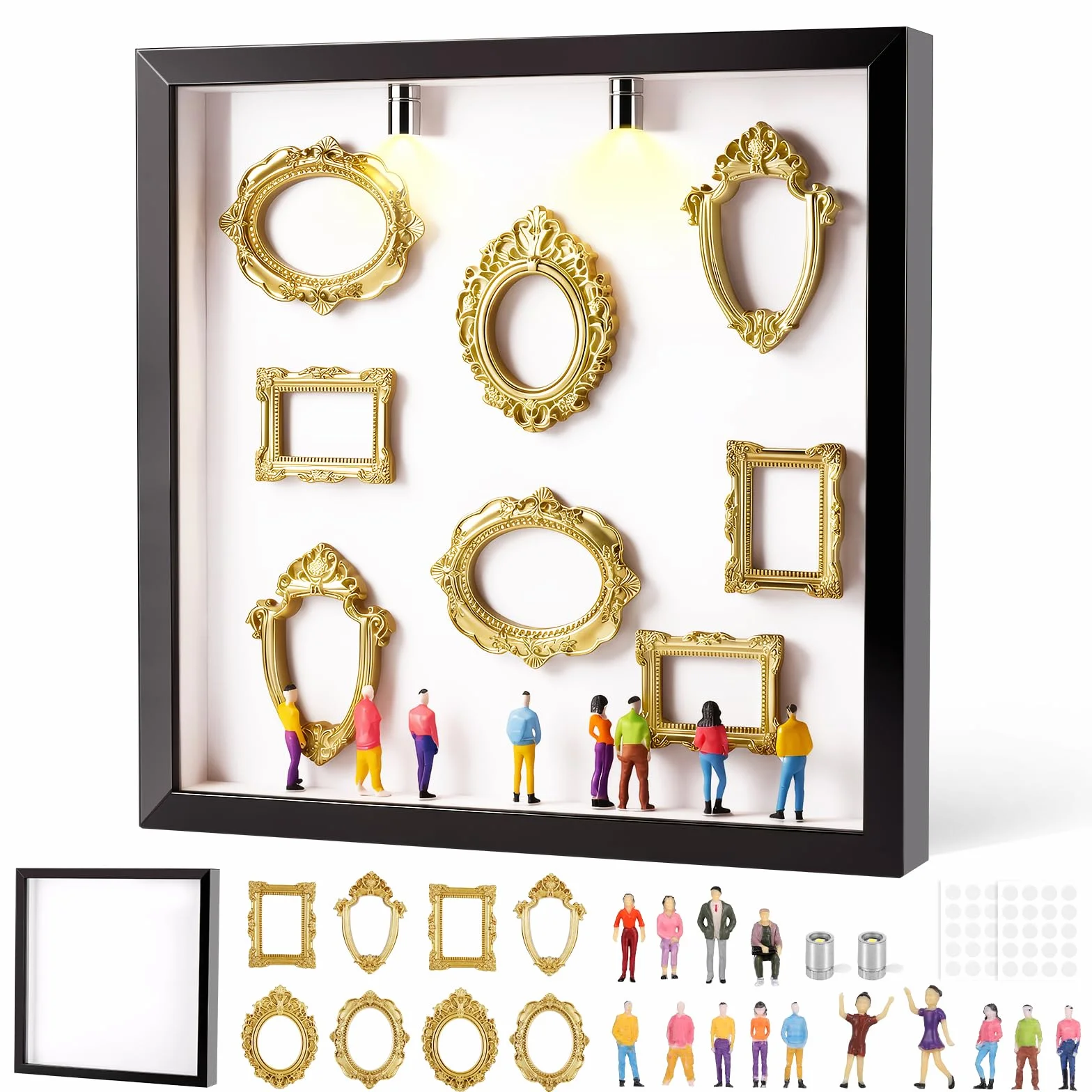 Museo en Miniatura DIY 25 x 25 cm, Mini Museo Fotos con Mini Marcos, Figuras de Personas y Luz LED, Kit de Shadow Box como Regalo para el Día de San Valentín, Aniversario, Cumpleaños, Decoración