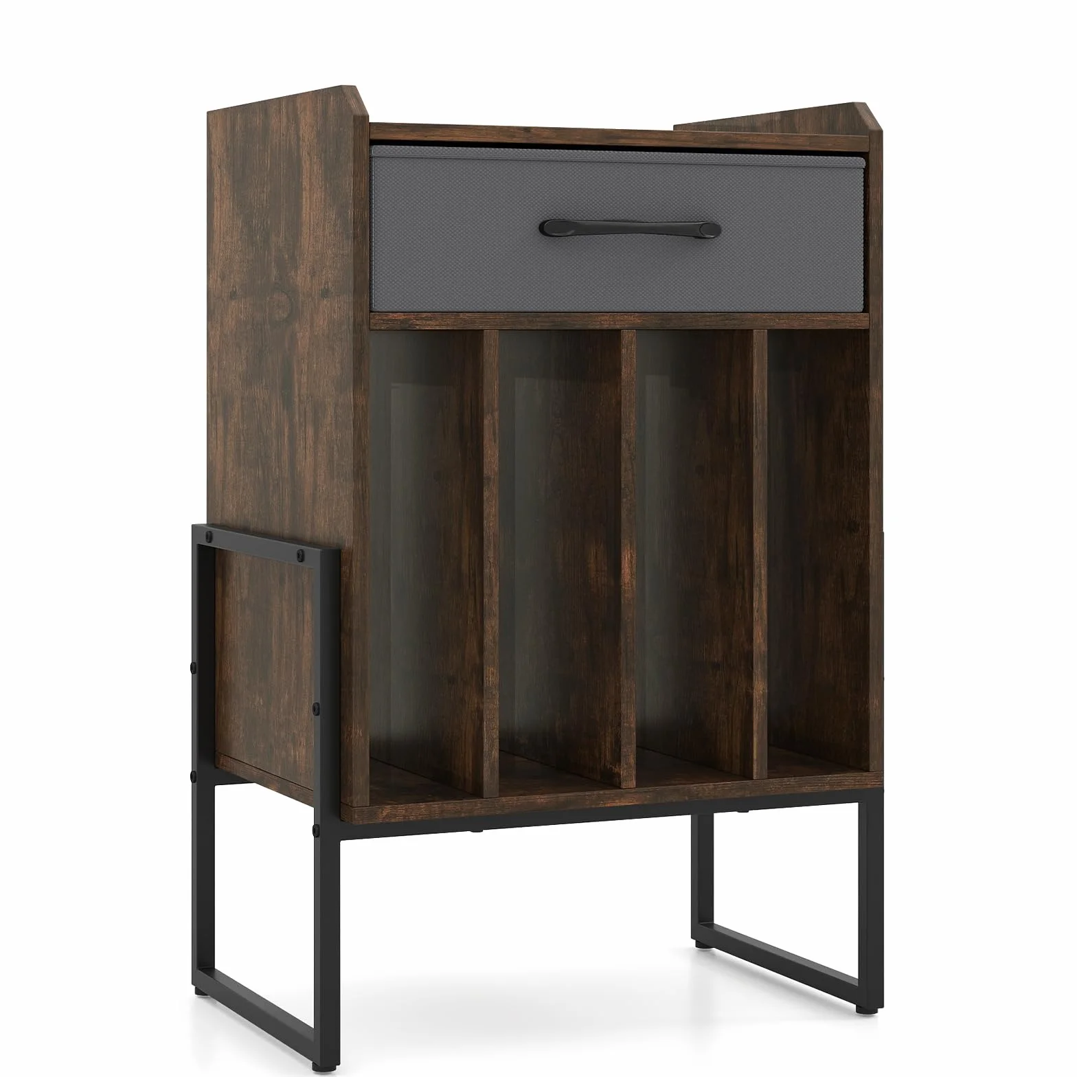 FANTASK Soporte para tocadiscos, estante para discos de vinilo con cajón de tela plegable, 4 compartimentos, hasta 160 álbumes, estilo vintage