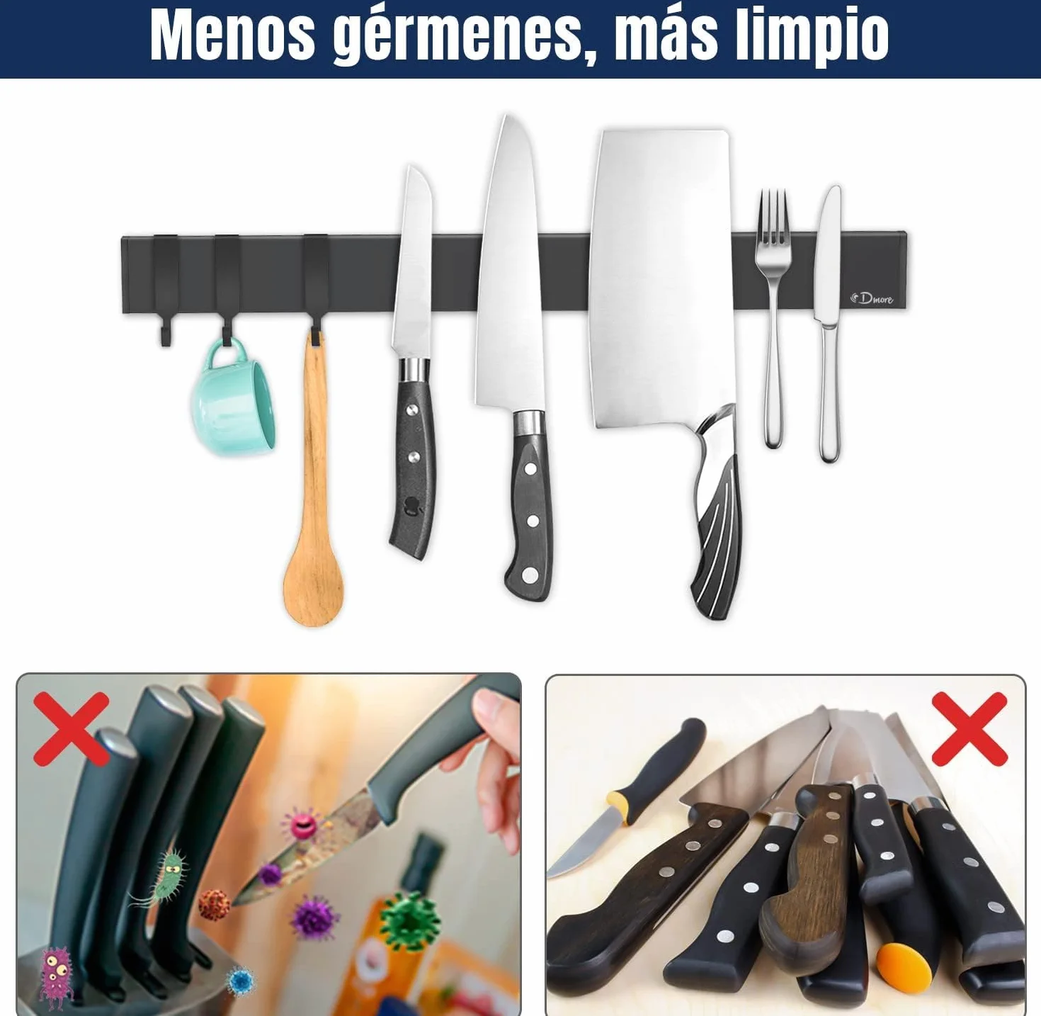 Porta Cuchillos Magnético Dmore 40 cm con 3 Ganchos, Soporte Imán Cuchillos