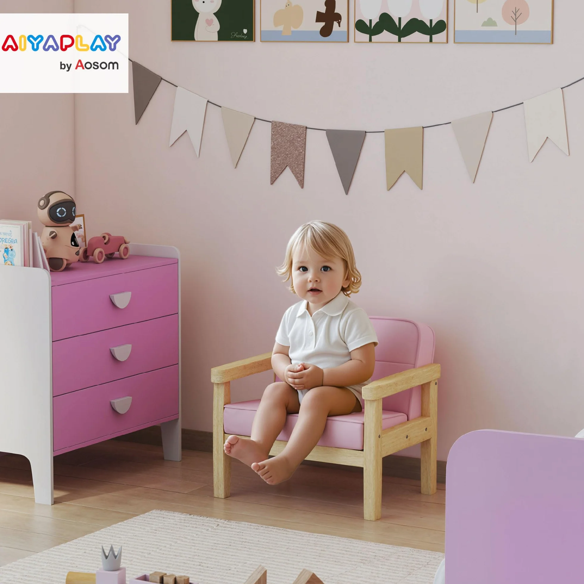 AIYAPLAY Sillón Infantil, Sofá para Niños de +3 Años, con Tejido Suave de Pana, Estructura de Madera, Asiento y Respaldo Acolchado, Reposabrazos, Carga 45 kg, 46,5x44x45 cm, Rosa
