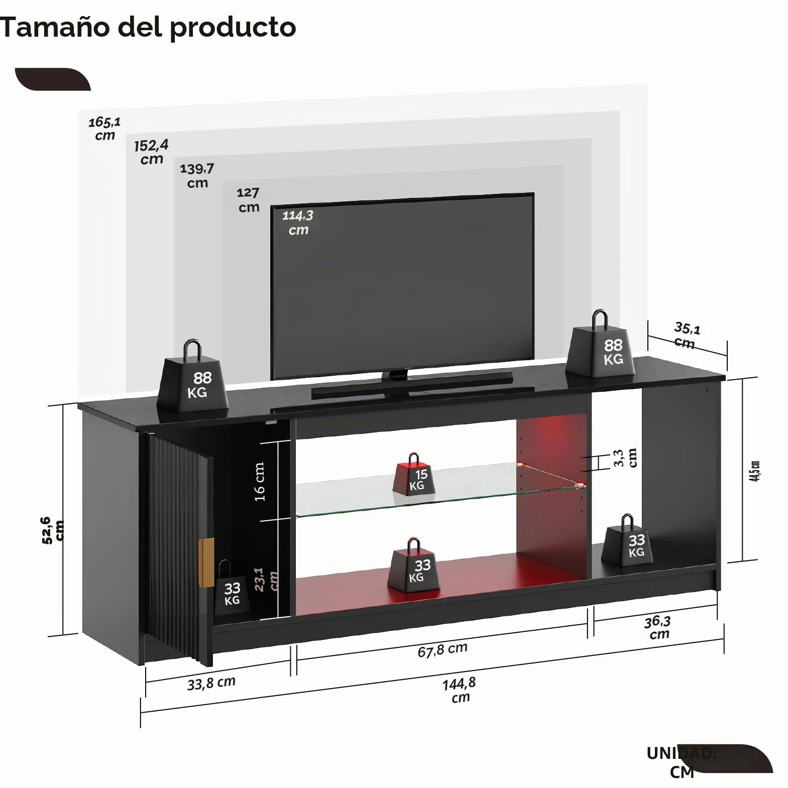Bestier Mueble de TV para TV de 65 Pulgadas,Centro de Entretenimiento LED Gaming con Soporte Acanalado Brillante para PS5 y Xbox,Consola de TV con Estantes de Vidrio Ajustables,Negro Brillante
