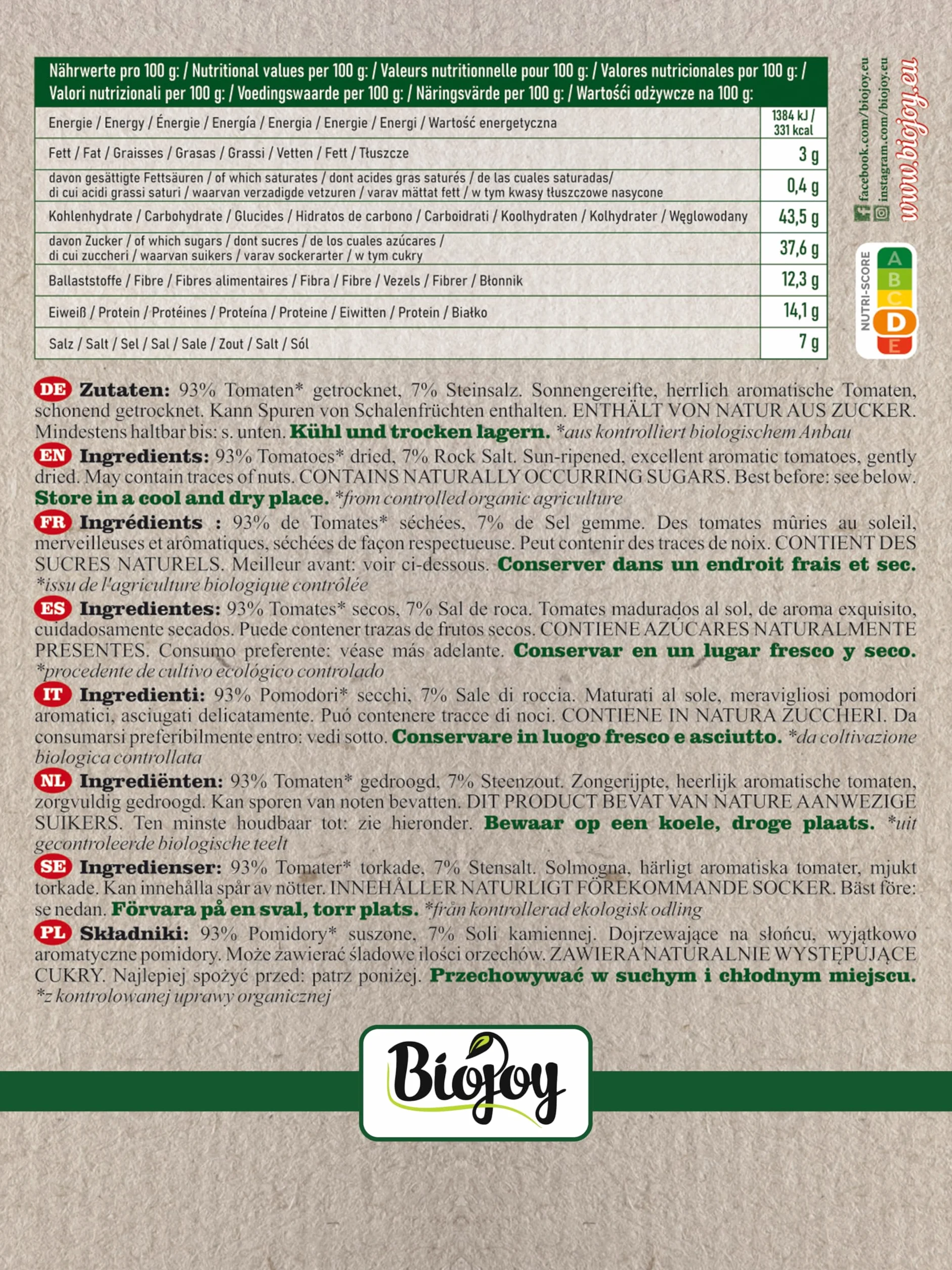 Biojoy Tomates secos BÍO sin aceite 1 kg sin conservantes sulfurosos 7% Sal de roc