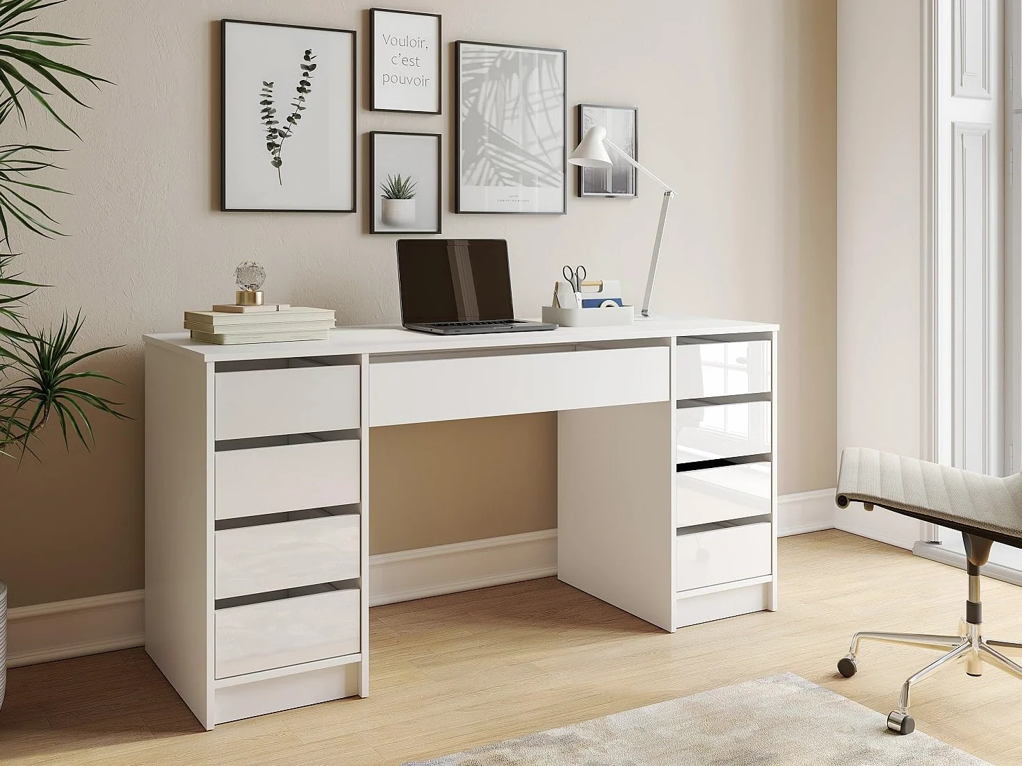 Vente-unique-Escritorio con 9 cajones - Blanco Brillante - JENEMI