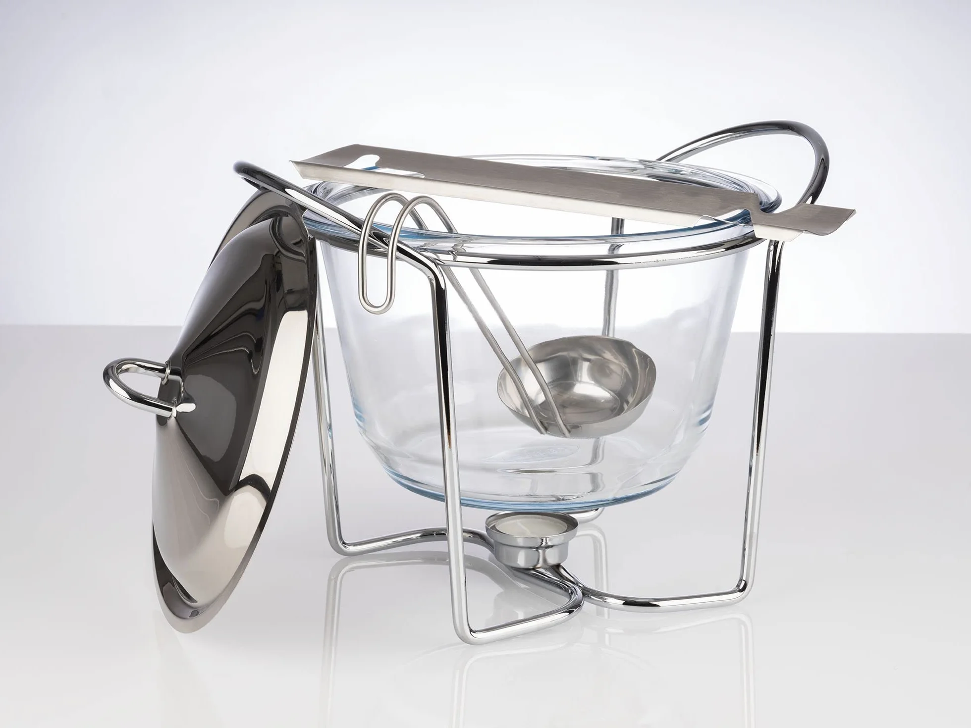 APS Feuerzangenbowle, Pinzas para el azúcar, Pinzas para el Fuego, ponchera, Recipiente de Cristal, Tapa de Acero Inoxidable, Muy Pulido, Calentador de Tetera, Cromado, cazo, para Aprox. 4 litros