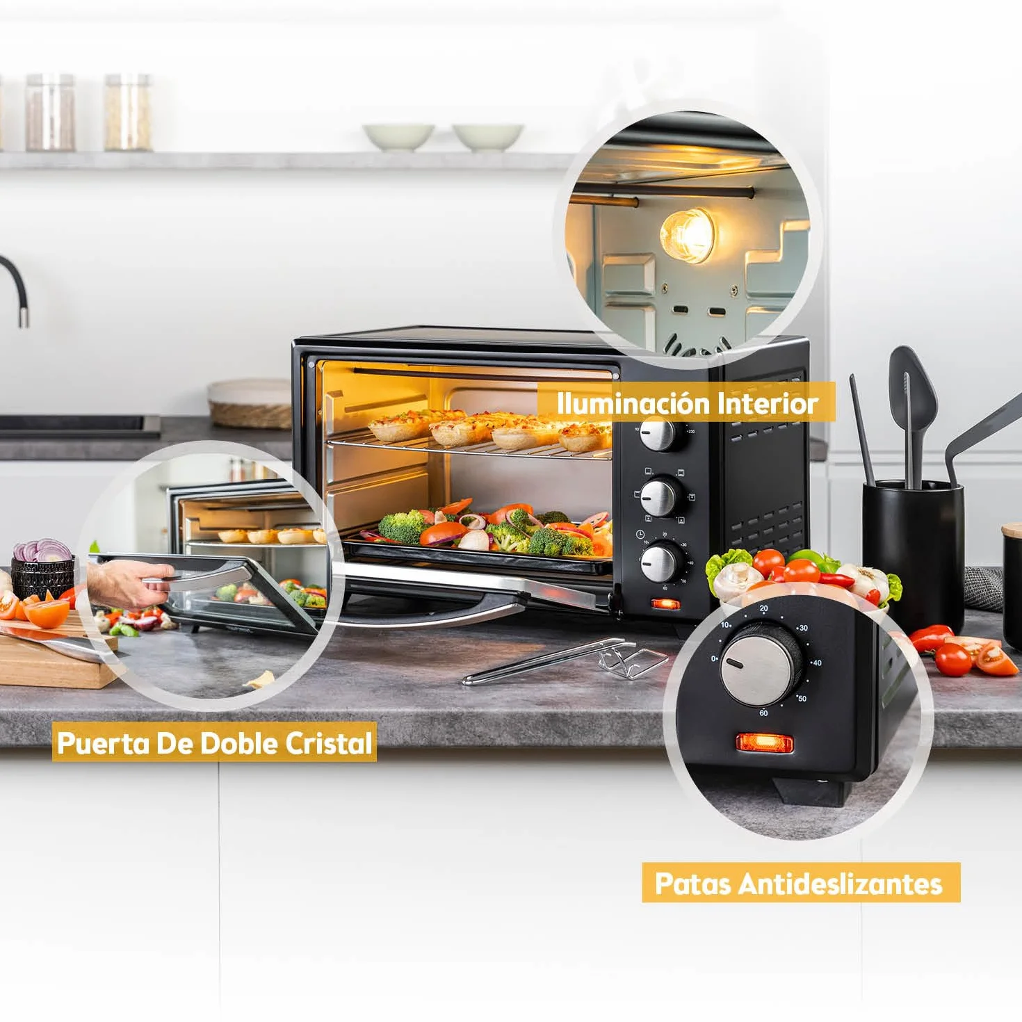 First Austria Mini Horno 30L 1600W Horno Eléctrico con Termostato 230°C Temporizador 60min 3 Alturas Bandeja Parrilla