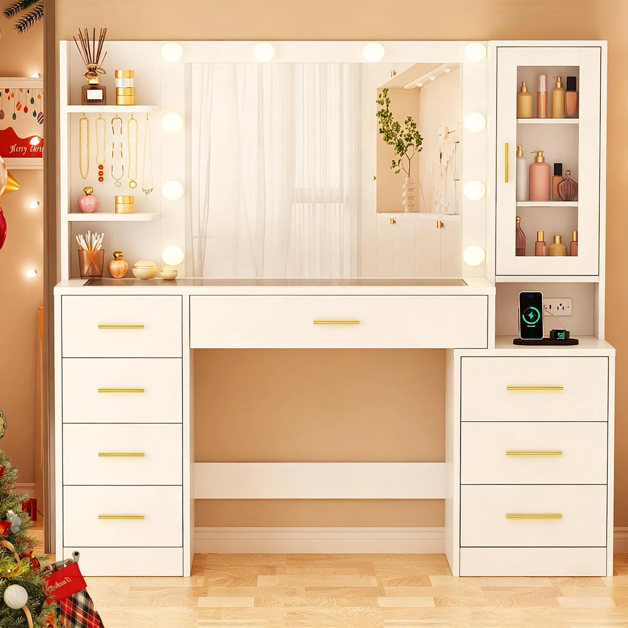 ANWBROAD Grande Tocador con Espejo y Luces LED Regulables Tocador de Maquillaje con Vidrio y Enchufes,Mesa de Maquillaje con 8 cajones 3 estantes Abiertos y 5 Ganchos para Joyas Moderno Blanco BDT88W
