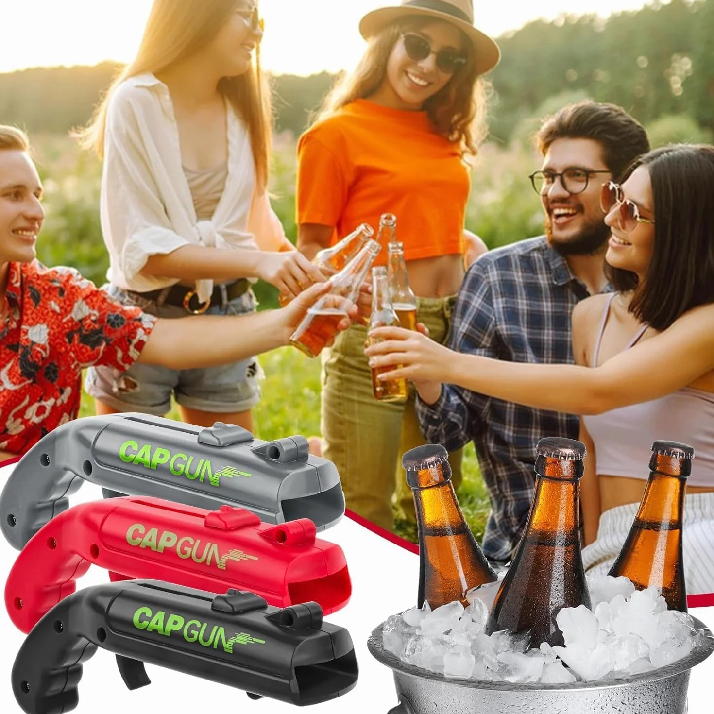 3PCS Abrebotellas, Abridor de Cerveza Divertidos, Abridor de Cerveza Botellas Cap Gun con Pistola para Fiestas en Casa, Barbacoa al Aire Libre, Juego Creativo, Regalo Divertido (Rojo+Gris+Negro)