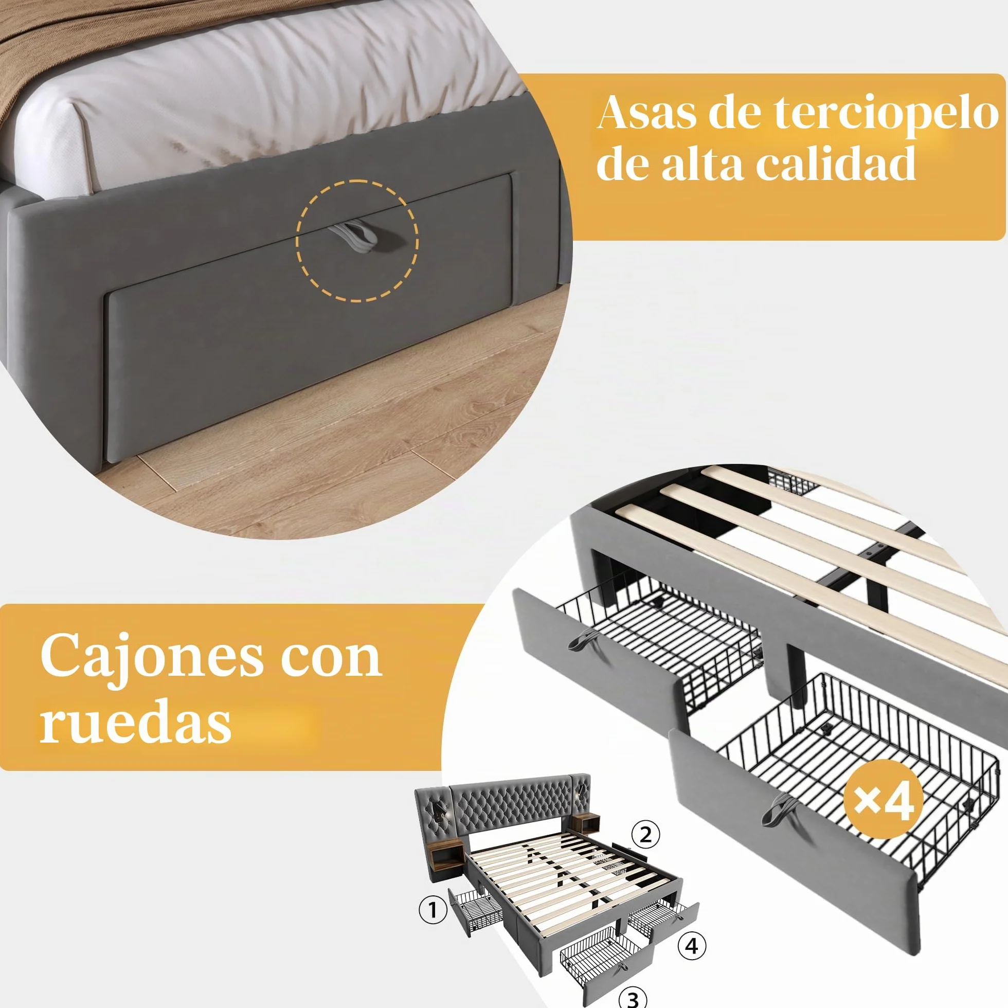 Set completo para dormitorio, cama tapizada matrimonial 180×200 cm con 2 mesitas de noche y 4 cajones, cabecero con luz de lectura y función de carga USB, en terciopelo, sin colchón