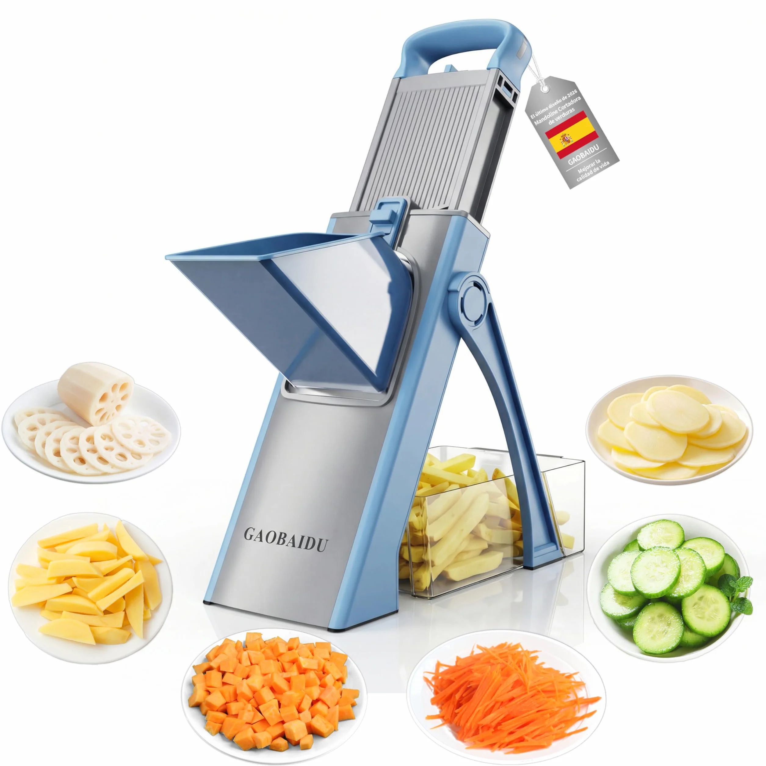Cortador de mandolina seguro para cocina, cortador de papas ajustable,cortador de papas fritas,Lâminas de aço construídas, Utensílio de corte de cozinha para batata (azul grande)