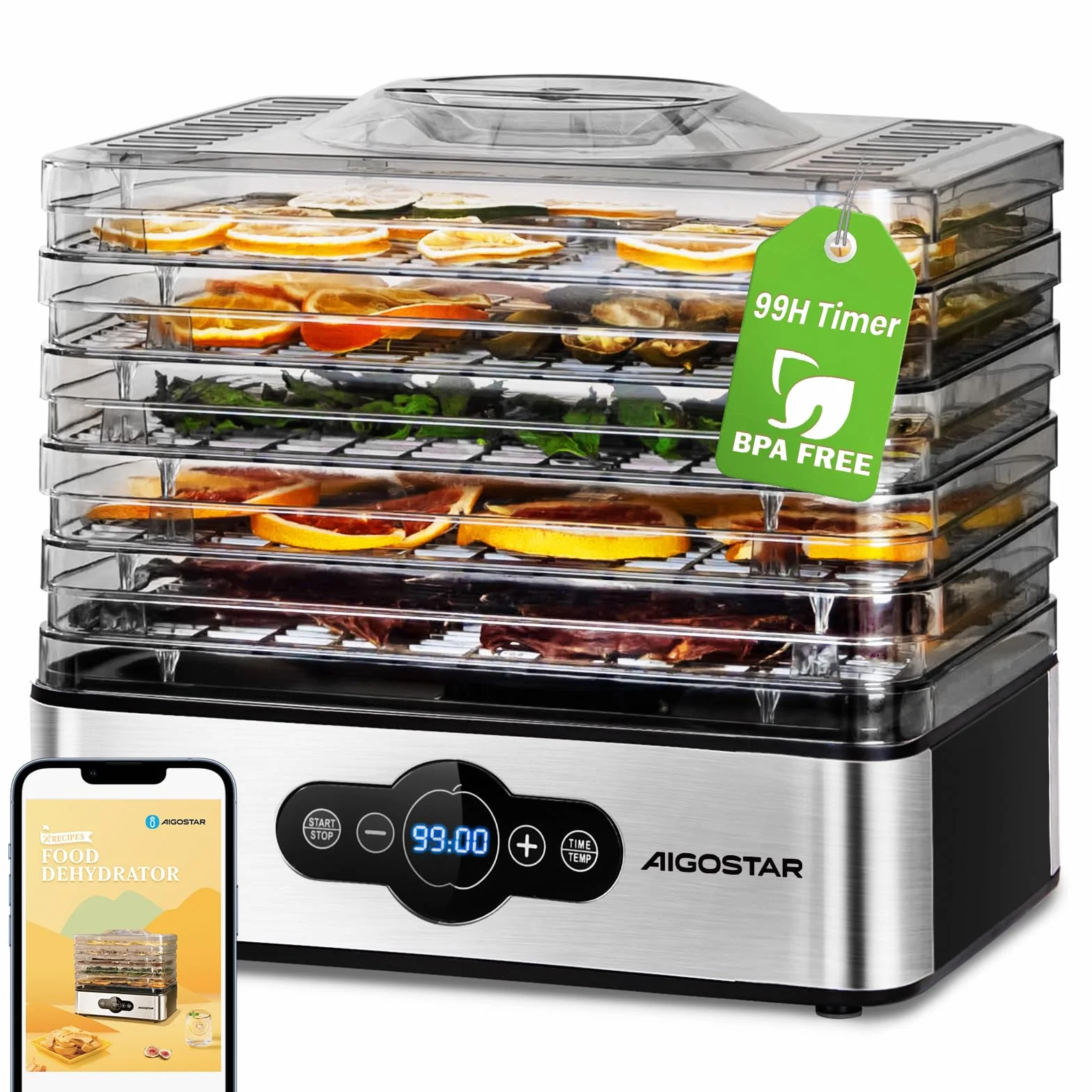 Aigostar Crispy Deshidratador de Alimentos 240W 5 Bandejas Altura Regulable Pantalla LED Temporizador 99H Temperatura Ajustable Sin BPA