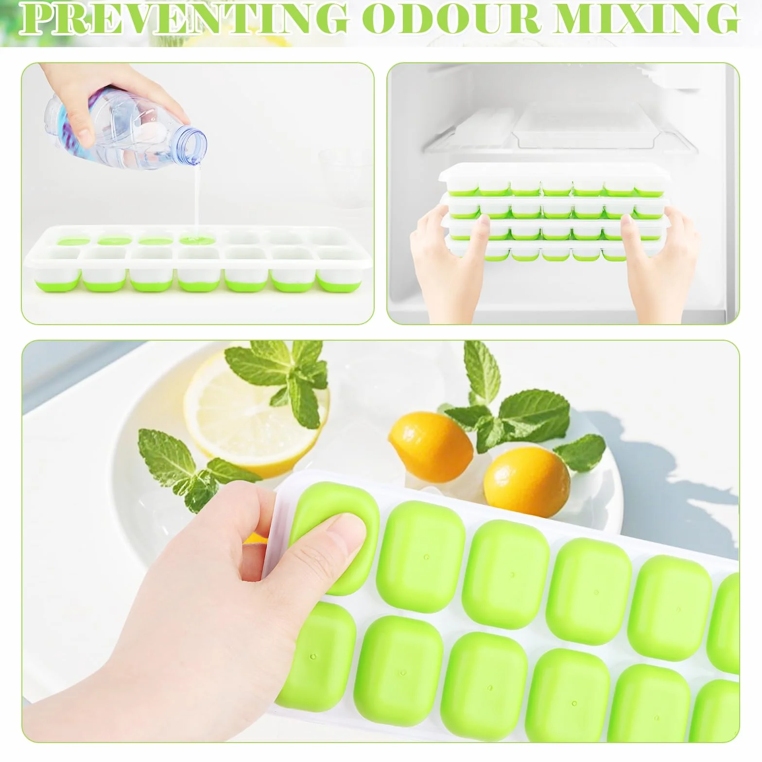 RISVOWO Cubiteras para Hielo con Tapa, 4 Piezas Moldes de Silicona Reutilizables Apilables Verde