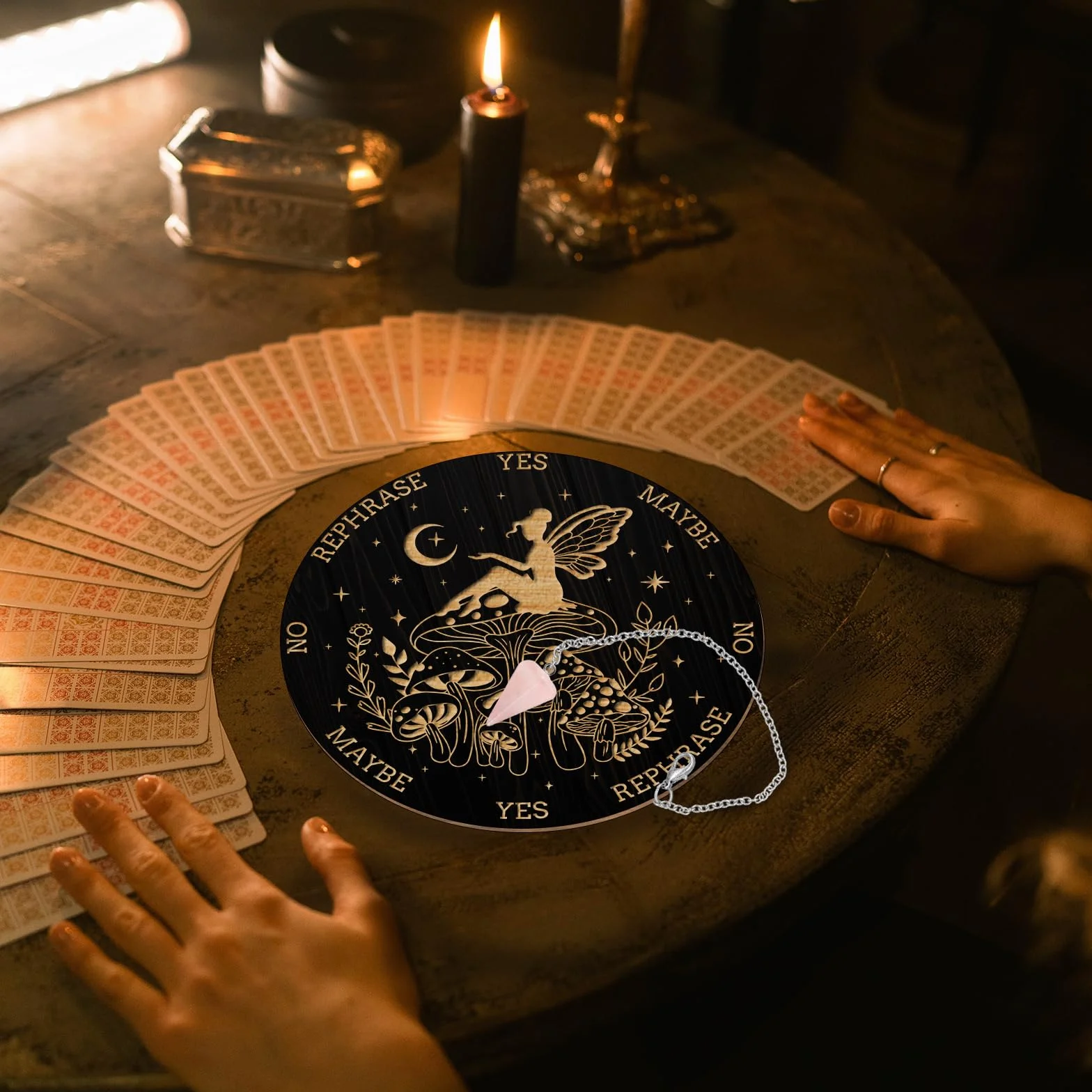 AHANDMAKER Juego de tablero de péndulo, tablero de madera para adivinación, tablero de mensajes metafísicos con collar de péndulo de cristal para brujería, kit de suministros de altar wiccano, hada,