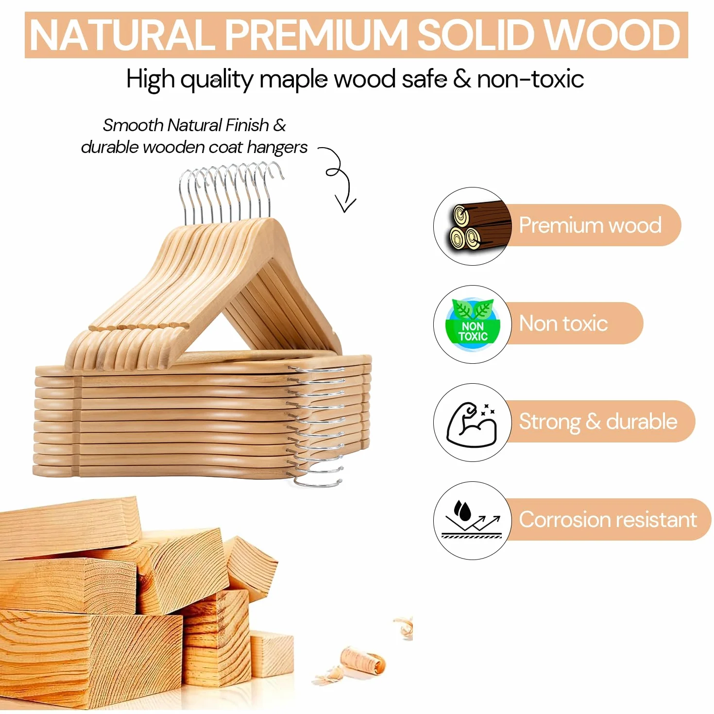 Perchas Madera Maciza con Gancho Giratorio 360, Pack 20 Unidades, Natural, para Organizar Ropa