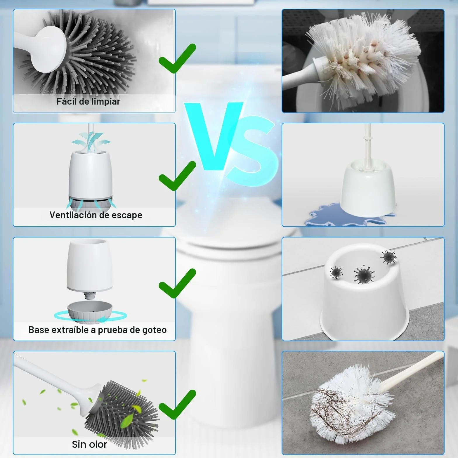 EWEIMA Escobilla de Baño Silicona con Secado Rápido Soporte Ventilado, Montaje en Pared o Suelo
