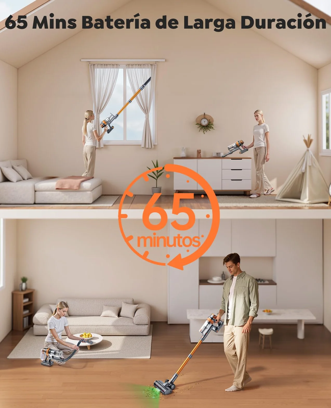 SMOTURE Aspiradora sin Cable 50KPA/600W/65Min, Aspirador Escoba con Manguera de 1M, Cepillo Anti-Enredo con Luz, Modo Automático, Base de Carga de Pared, para Pelo de Mascota/Suelos/Alfombras/Coche