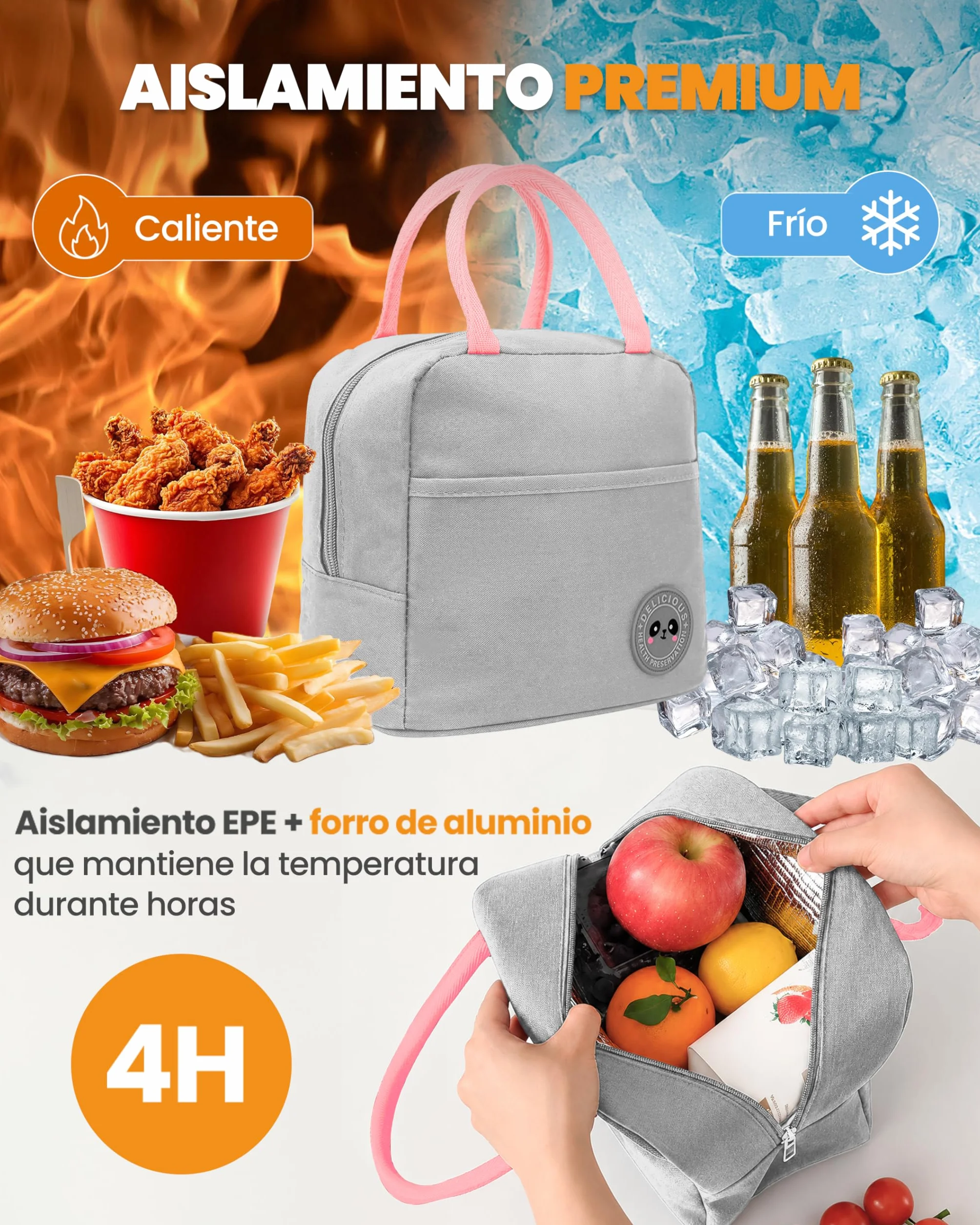 Bolsa Térmica Porta Alimentos 7L Nevera Portátil Aislamiento Impermeable Hermética Isotérmica Gris Rosa