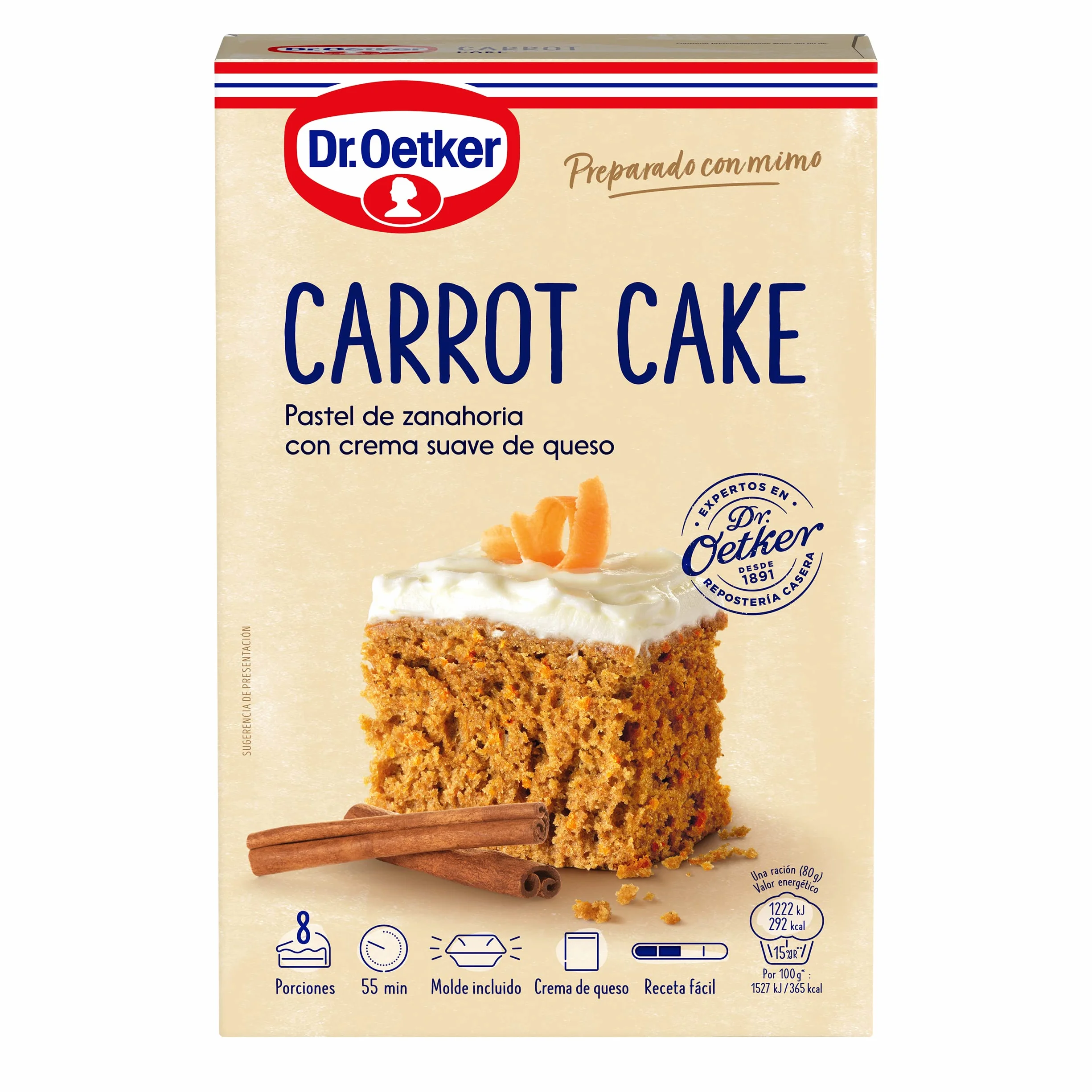 DR. OETKER Pastel de Zanahoria, Preparado para Tarta de Zanahoria con Crema de Queso 265g + 50g + Molde, 8 Raciones