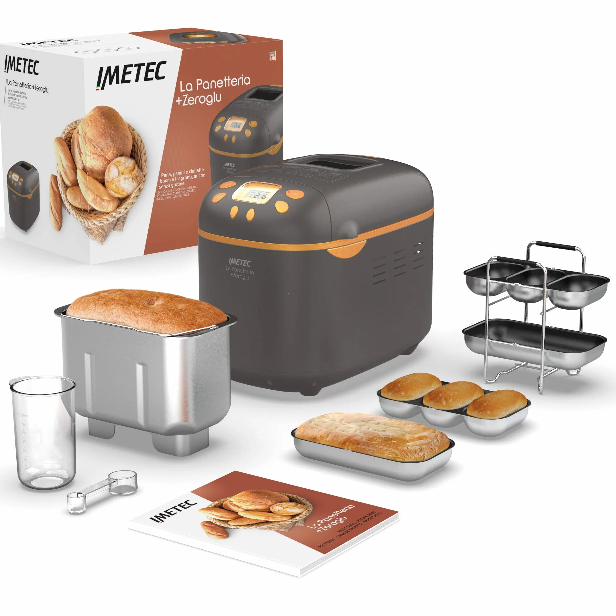 Imetec Panificadora La Panetteria+Zeroglu, 20 programas para pan, chapatas, panecillos, dulces con harinas naturales y sin gluten, 2 palas de amasado, temperatura controlada de fermentado, recetario
