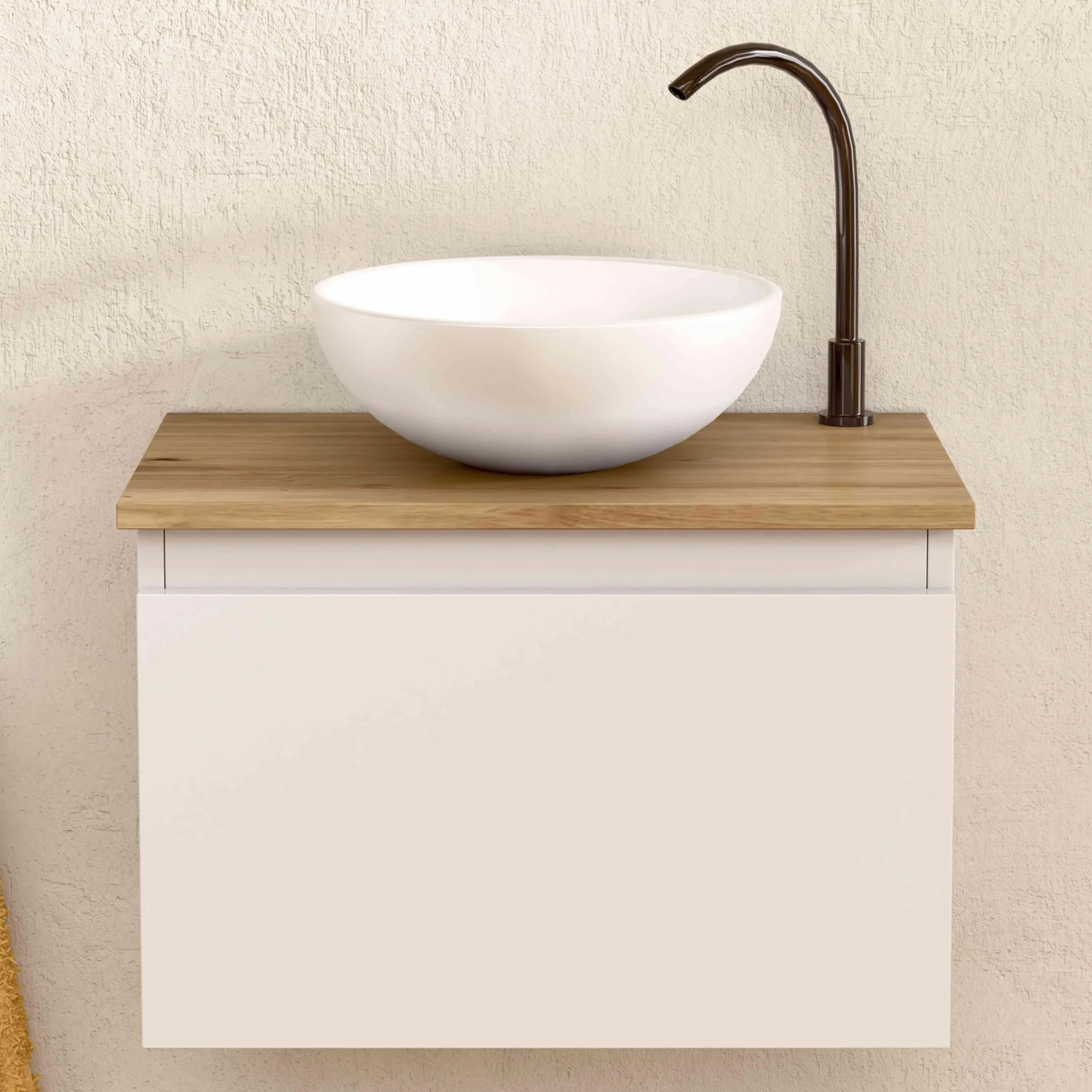BELLOBATH - Mueble Baño Suspendido con Lavabo de Cerámica Redondo, Mueble Baño con Lavabo Montado con 1 Cajón, 49,5 x 32 x 30 cm, Mueble Blanco/Roble