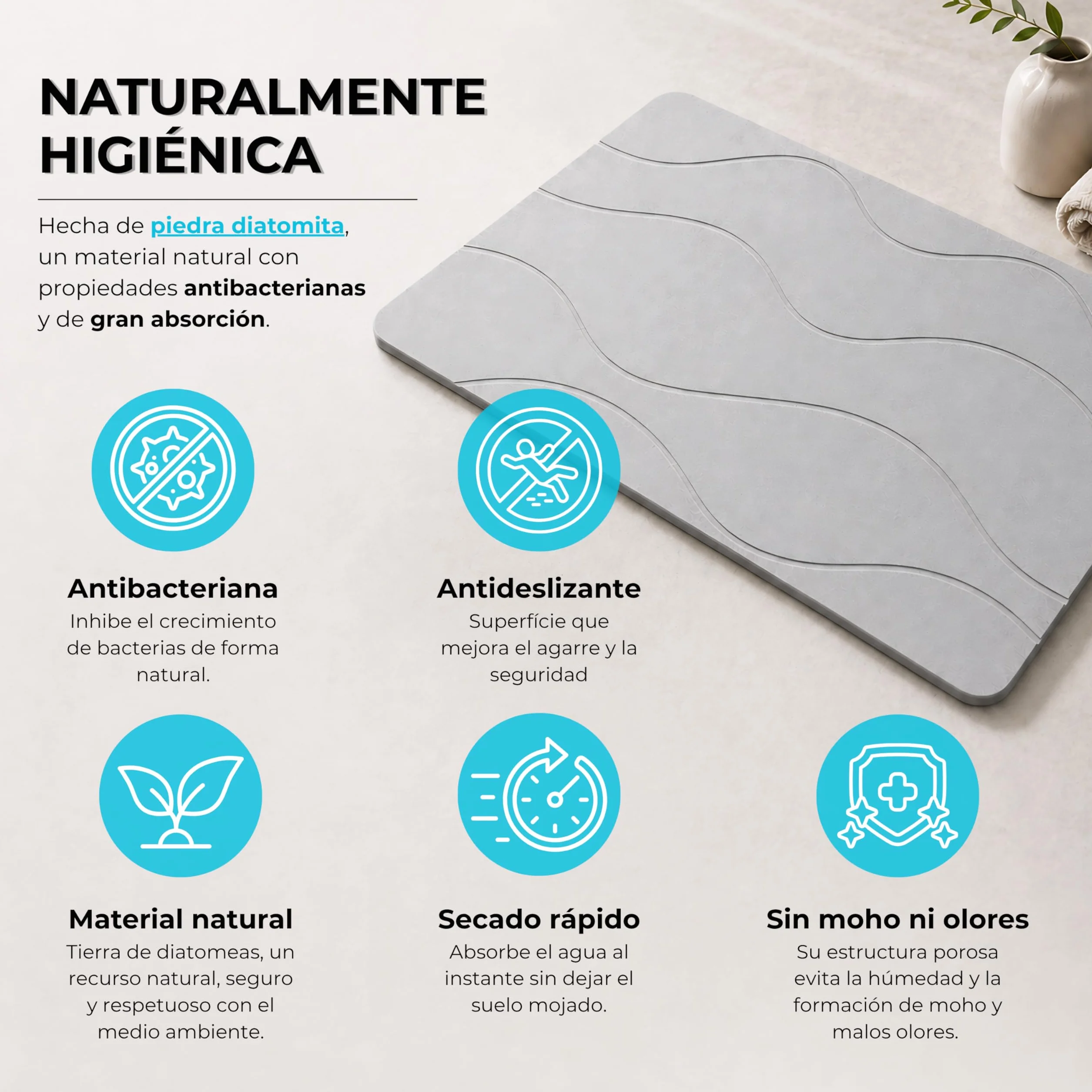 Alfombra Diatomita Baño 60x40 Antideslizante Antibacteriana Super Absorbente Stone Bath Mat Grey Waves