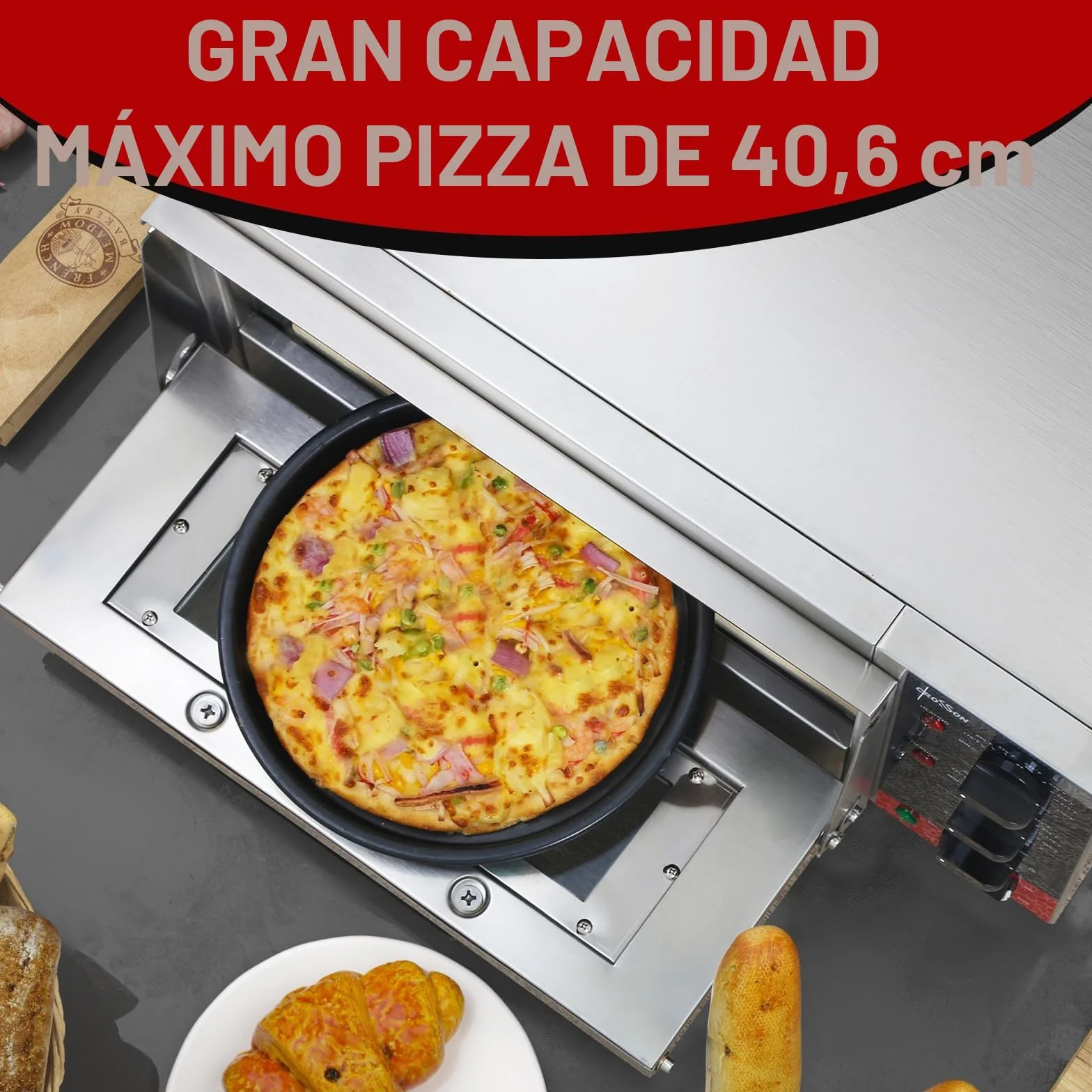CROSSON Horno eléctrico para pizza 16 pulgadas 230V 2000W acero inoxidable con piedra y asa