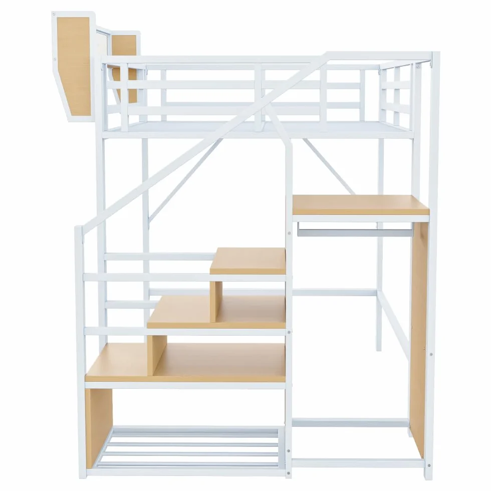 Cama alta de 140 x 200 cm con estructura de metal, cama de matrimonio de 140 x 200 cm con escalera de seguridad y compartimento contenedor flexible, cama para niños, sin colchón, color blanco