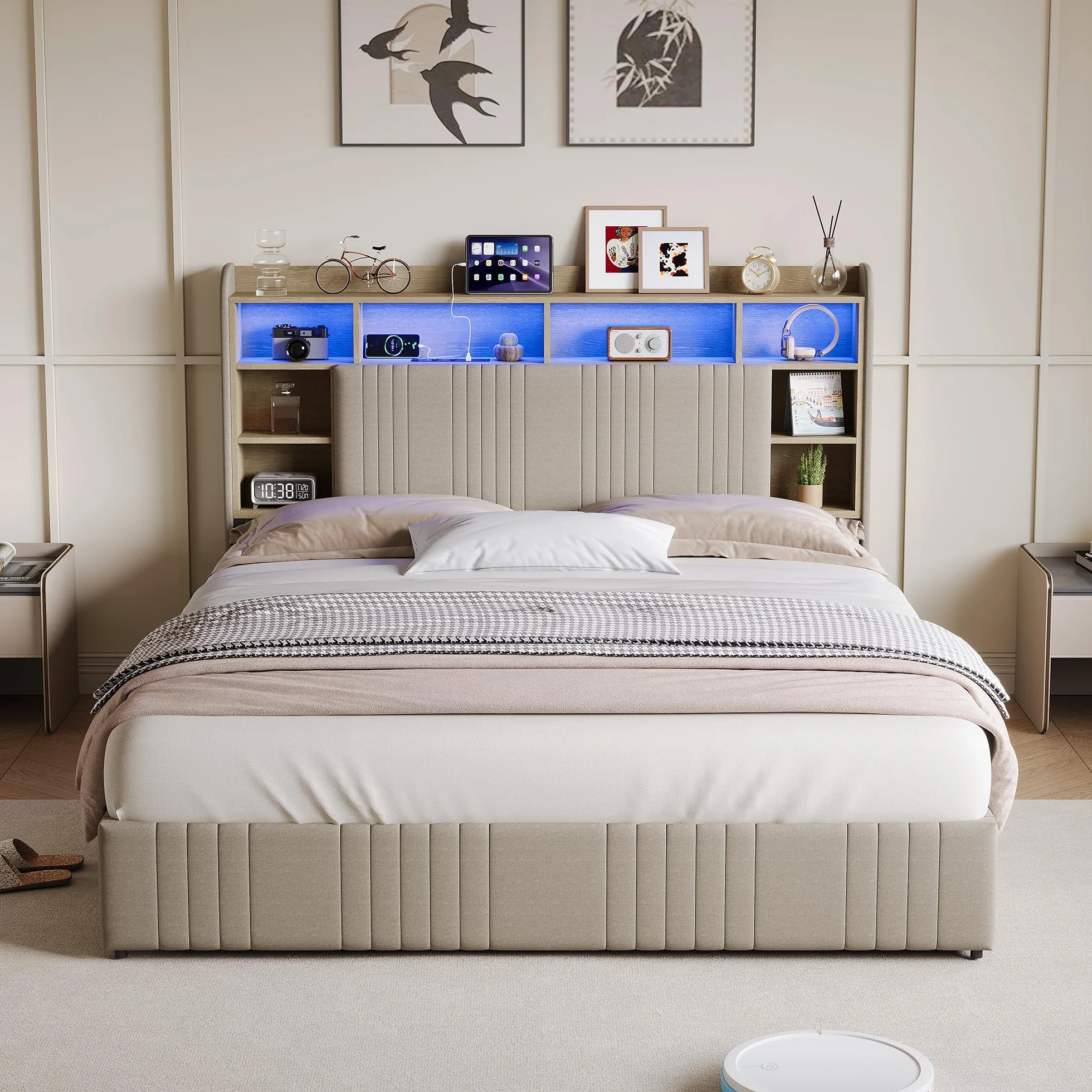 Cama Tapizada 140x200 cm con Luces LED y Estación de Carga USB/Tipo C, Estructura de Cama con Cajón y Cabecero con Almacenaje, Cama de Matrimonio de Lino con Somier de Láminas, Beige, Sin colchón