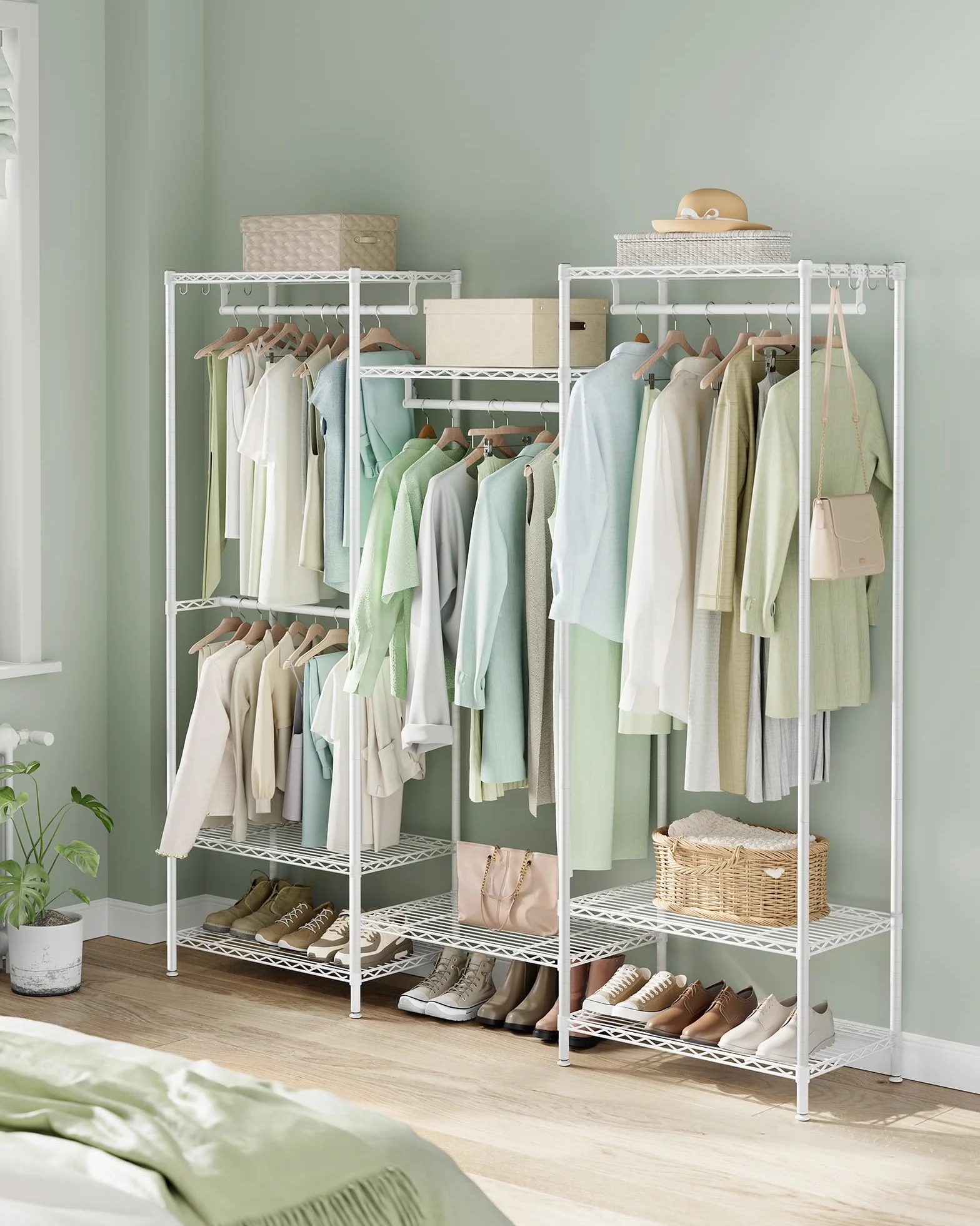 SONGMICS Armario de Ropa, Armario de Metal con Estantes Ajustables, Barras para Colgar y Ganchos, Duradero, Perchero Separable, Blanco Nube LGR431W01