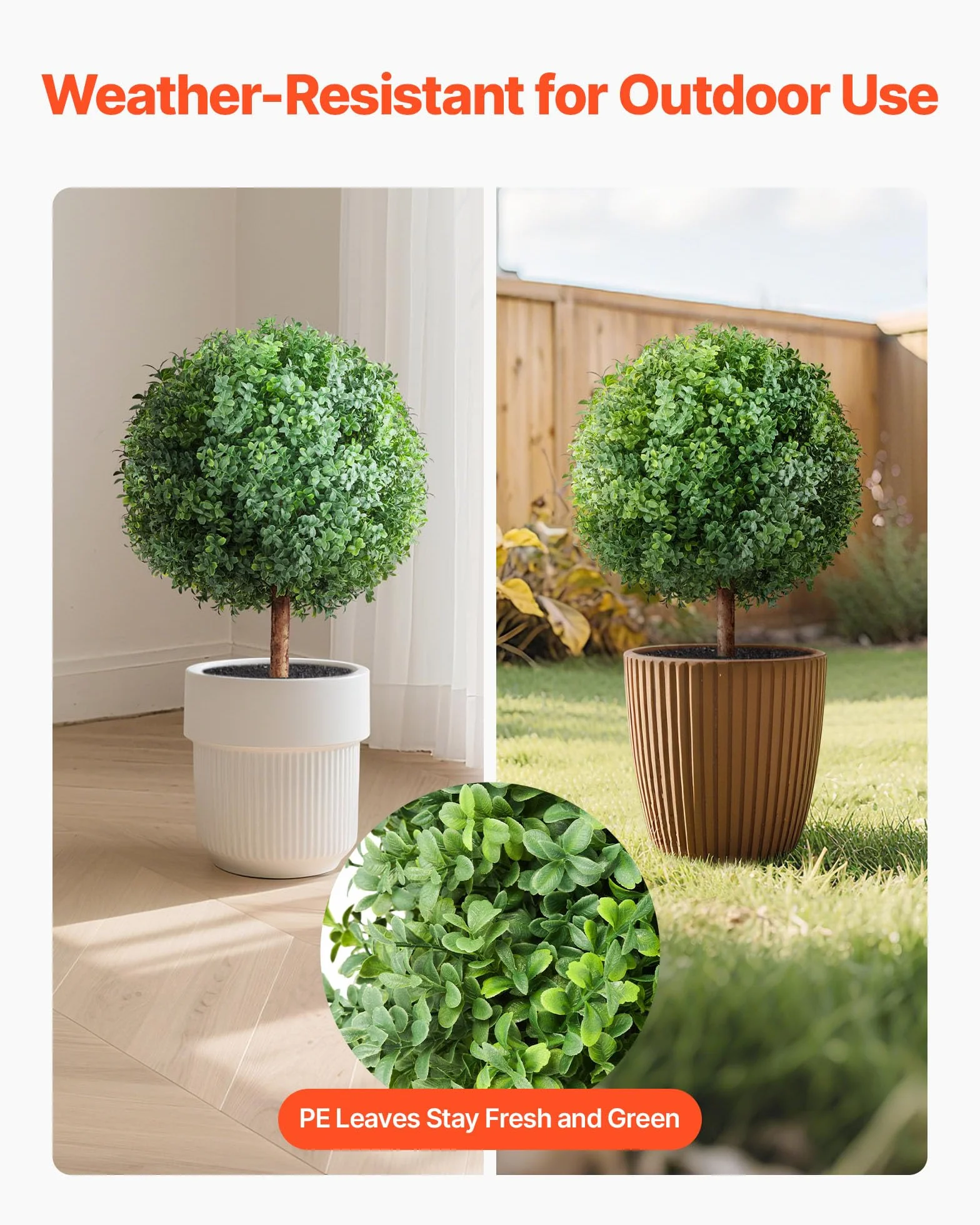 VEVOR Topiario Artificial de Boj con Estaca, Planta Decorativa, para Porche, Exterior e Interior, Patio, Jardín, Balcón y Patio Trasero, Resistente a la Intemperie, 400 x 400 x 686 mm, 2 uds,
