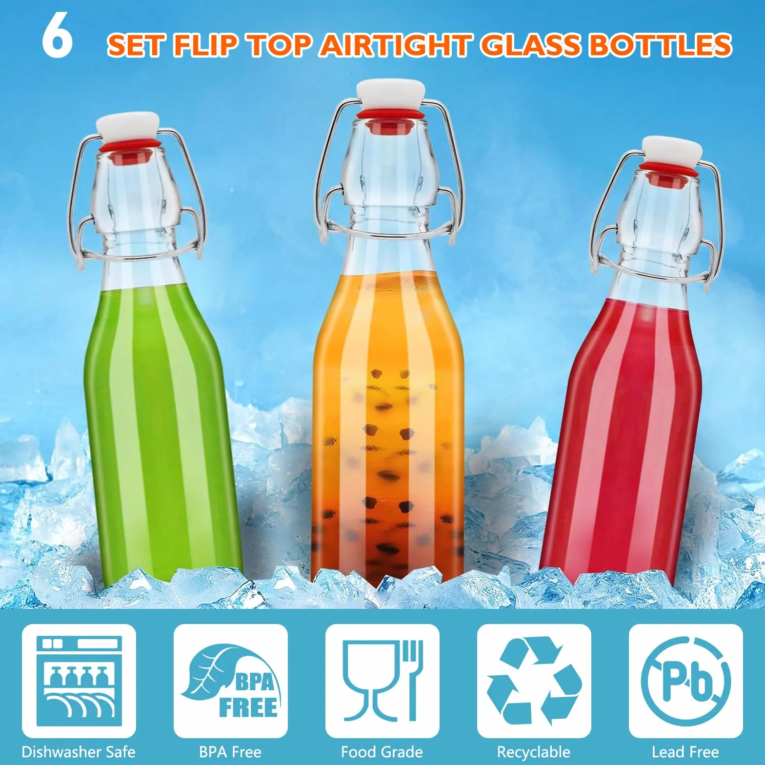 6 Botella Cristal 500ml con Tapón Hermético, Botella Cristal Reutilizable, Botella Vidrio con 6 Precintos Extra, 6 Etiquetas, Embudo, para Bebidas, Cerveza, Aceite, Zumo, Agua