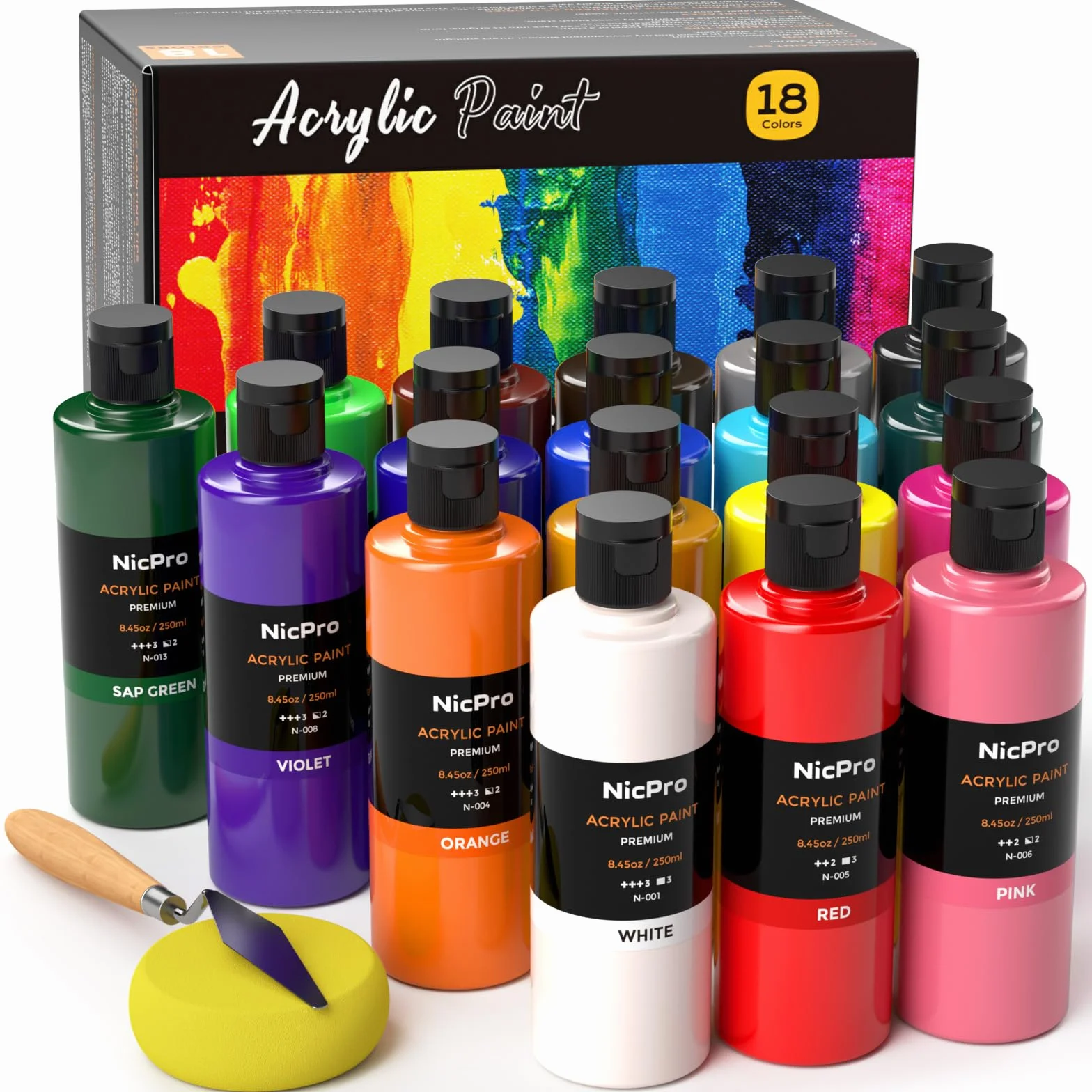 Nicpro set pintura acrilica 18 x 250 ml, frasco grande de pintura acrílica en 18 colores, no tóxica, pinturas de artista, pinturas acrilicas para varias superficies, lienzos, arcilla, manualidades