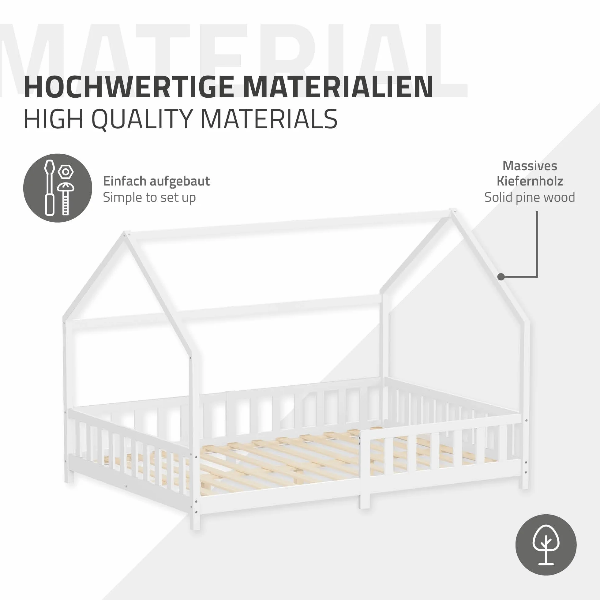ML-Design Cama Infantil 140x200cm Blanco, con Protección Anticaída, Techo y Somier, Estructura Listones de Madera de Maciza de Pino Lecho Doble Montessori Forma de Casa Mobiliario Juvenil, para Niños