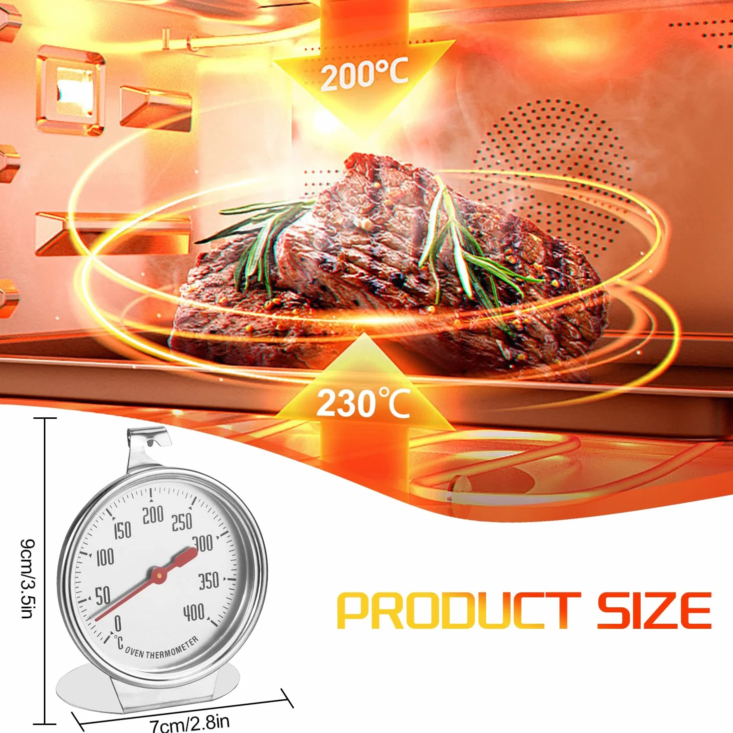 Termómetro para Horno 0-400 Grados TermóMetro de Horno para Horno de Gas Termómetro de Cocina de Calibre Grande de Acero Inoxidable para Cocina Hornear