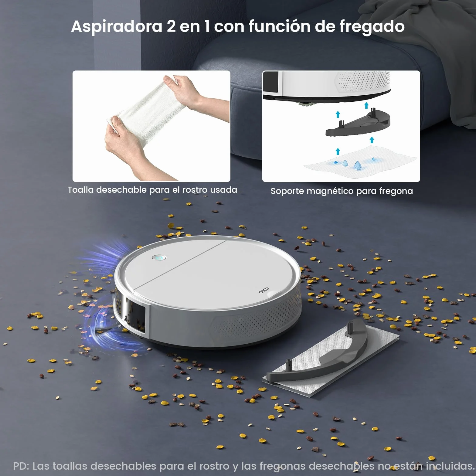 OKP Robot Aspirador y Fregasuelos, 5000pa, 180min, 190° PSD Evitación Precisa Obstáculos, Carga Automática,Aumenta Succión en Alfombra, Robot Aspiradora con 4 Modos de Limpieza, WiFi/App/Alexa