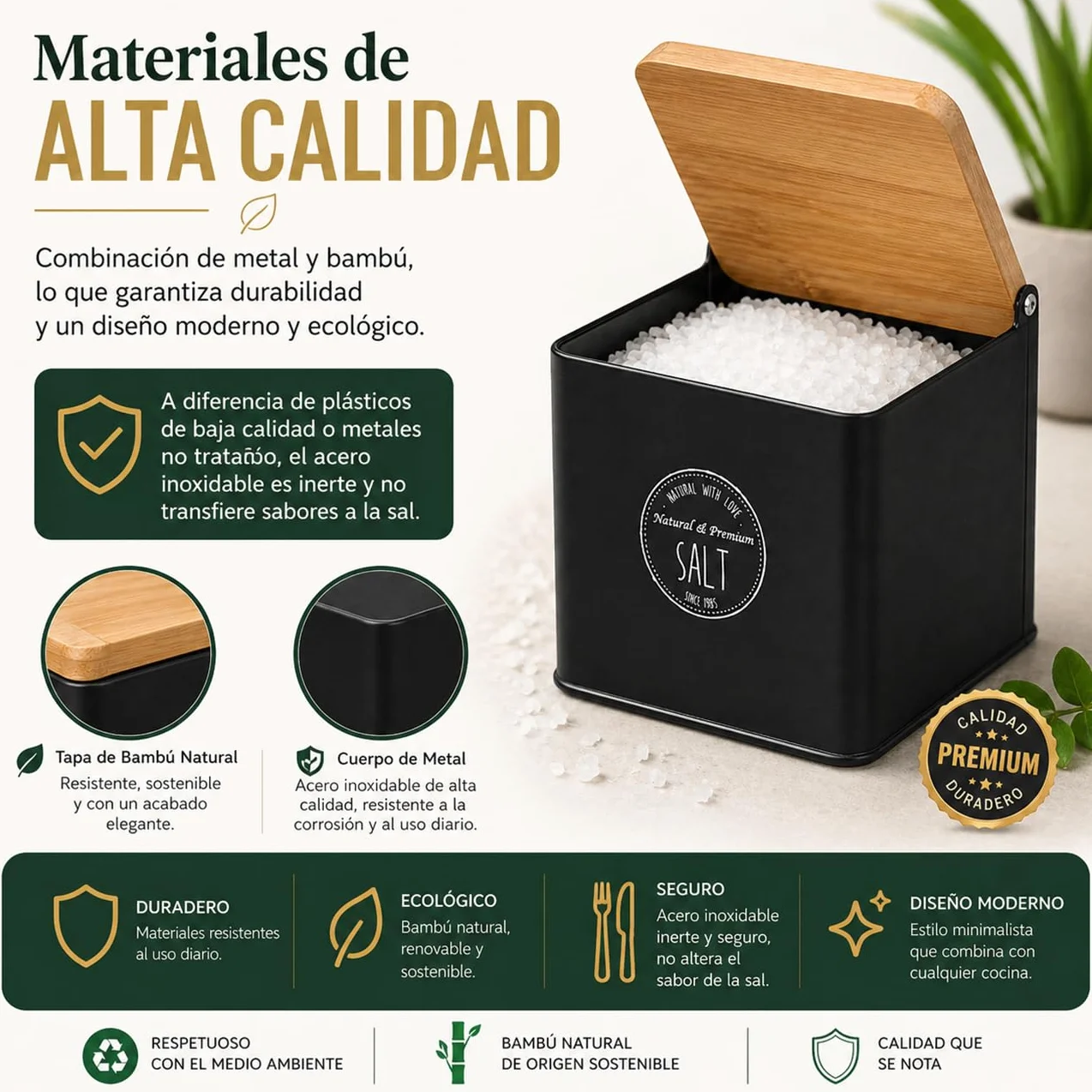 Salero de Cocina con Tapa de Bambú 11x14x11 cm Estructura Metálica Tapa Abatible Negro