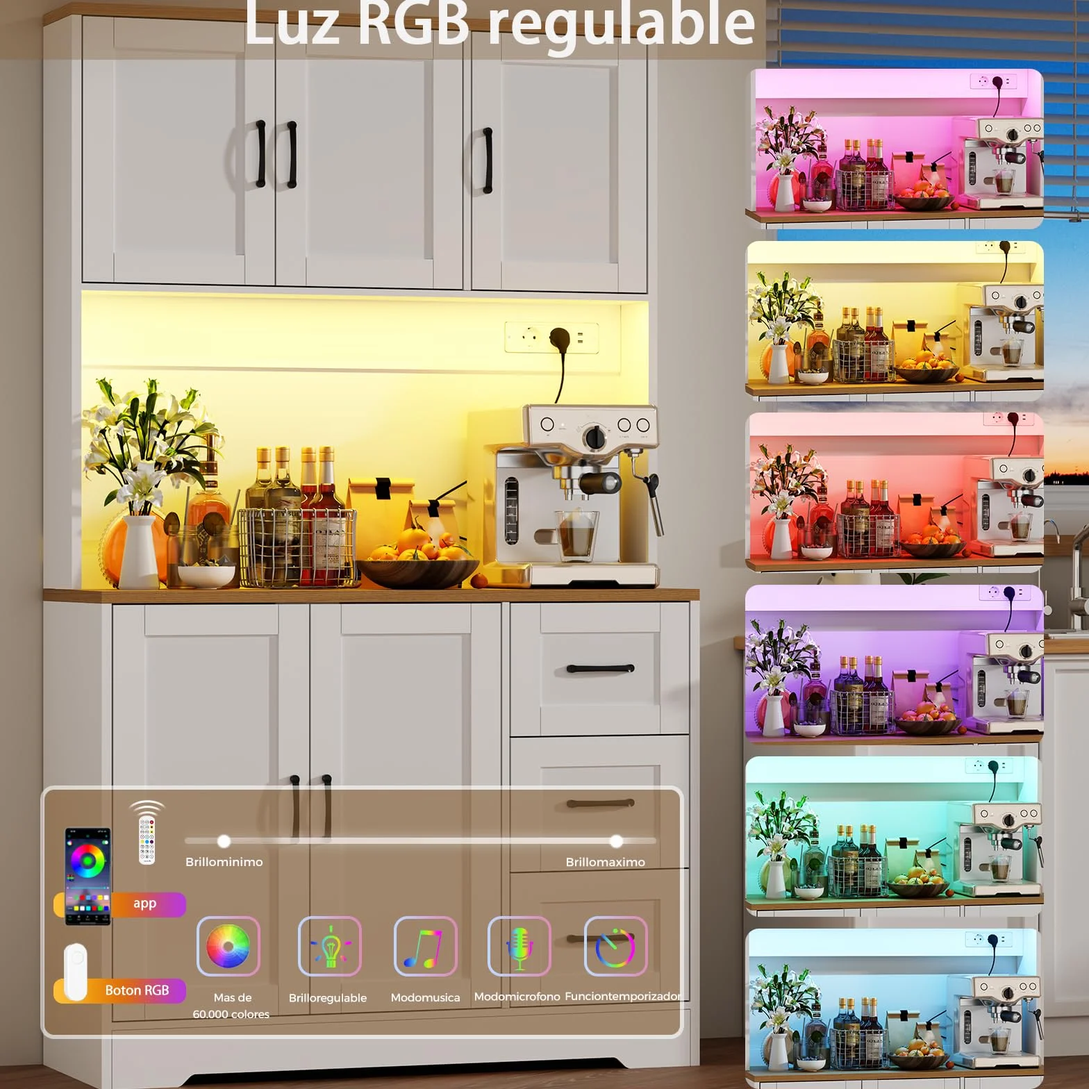 BEWISHOME Alacena de Cocina, Mueble Cocina Auxiliar con LED y Enchufes USB, Armario Cocina Alto con 5 Puertas y 3 Cajones, Estantes Regulables, para Cocina, Comedor o Salón, 100x40x180 cm, Blanco