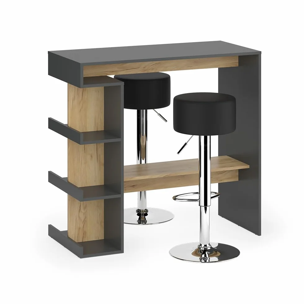 Vicco Set de Mesa de Bar Dana, Antracita/Roble Dorado, 108 x 50 cm con 2 taburetes de Bar, con estantes Abiertos para Usar como Mesa Alta