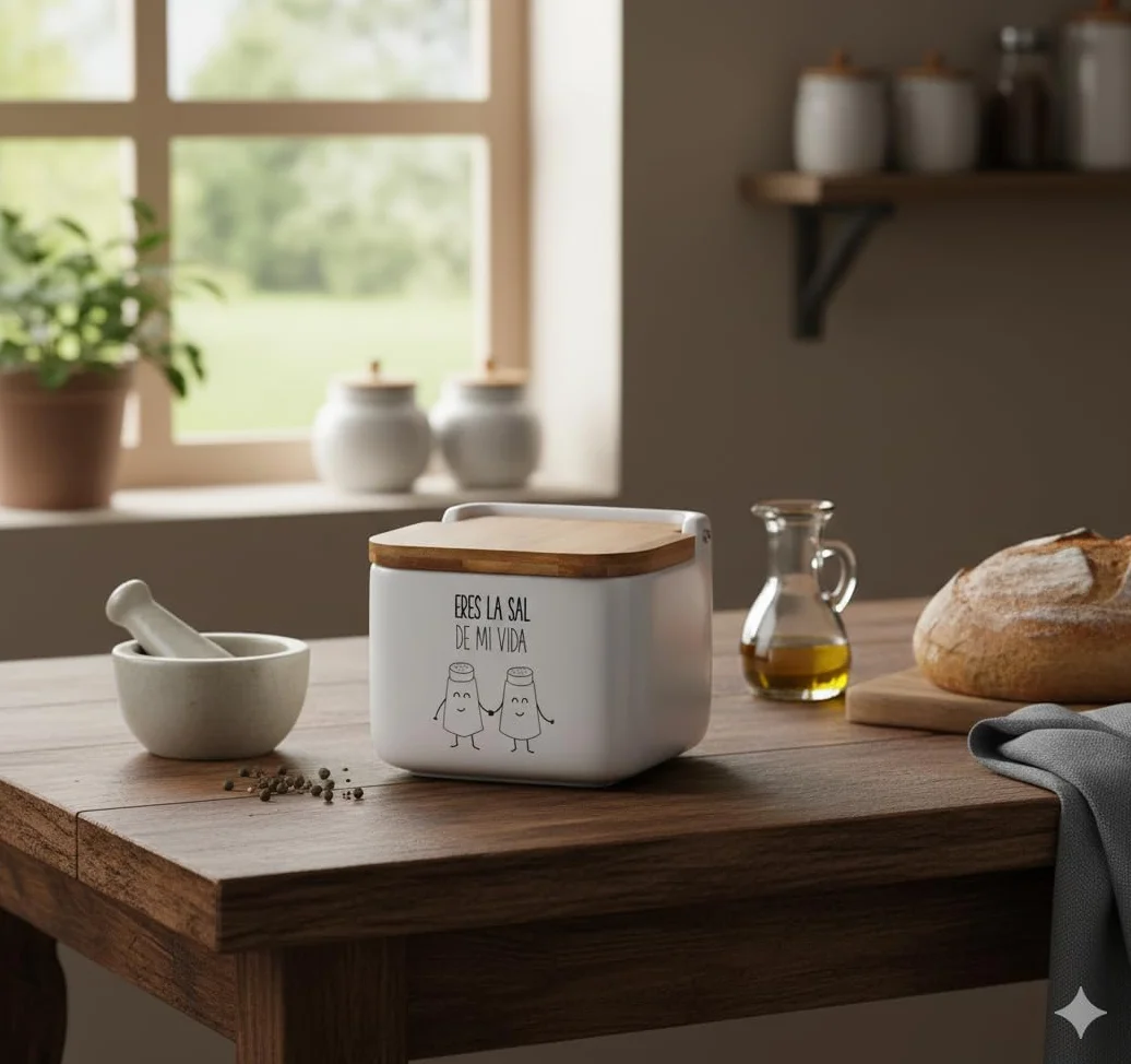 Salero de Cocina de Cerámica con Tapa de Madera Diseños Originales ECHALE Sal A TU Dia
