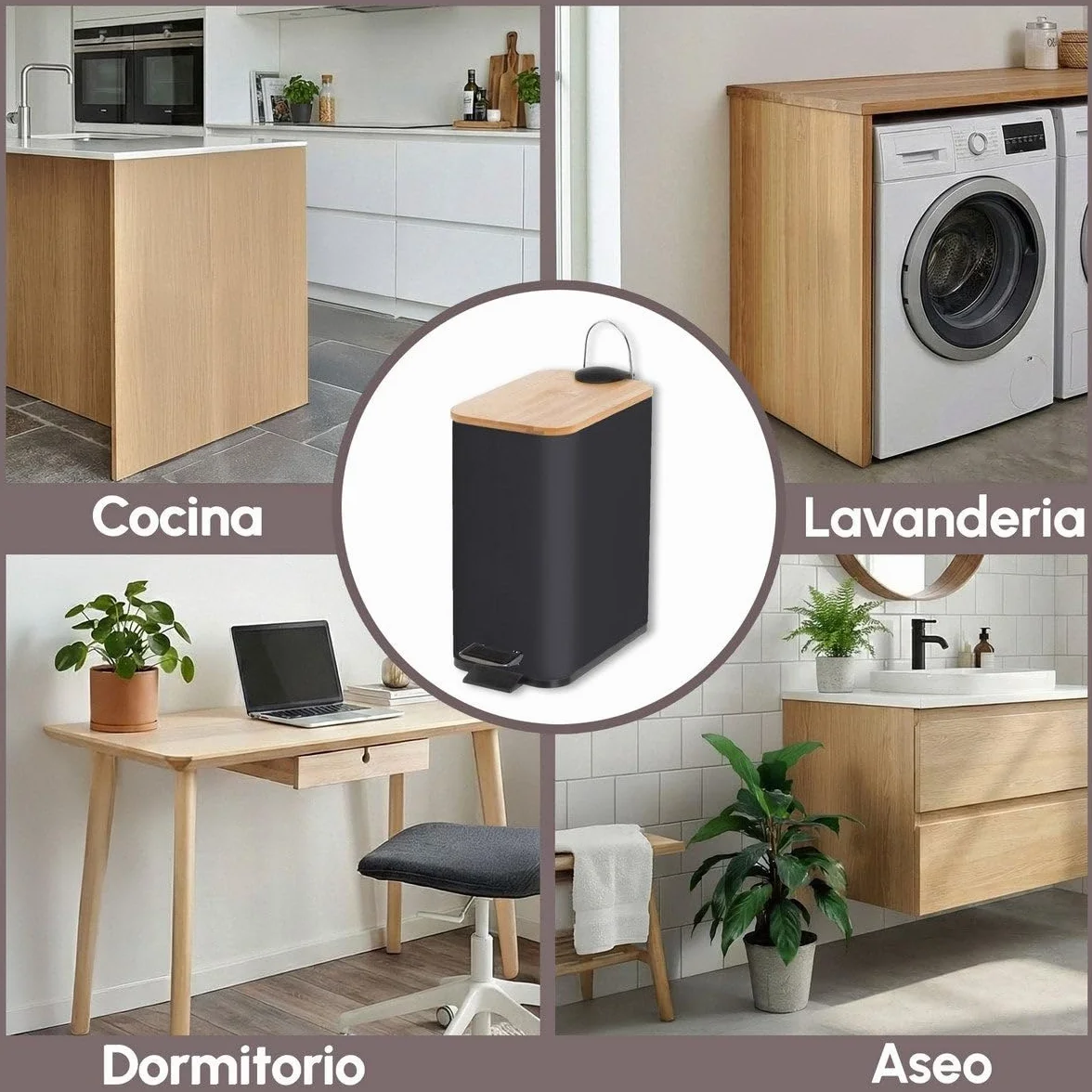 Papelera de pedal rectangular de 5 litros con acabado mate. Tapa de bambú y cuerpo de metal negro. Cubo interior de polipropileno extraíble con asa. Medidas: 25x14x27 cm