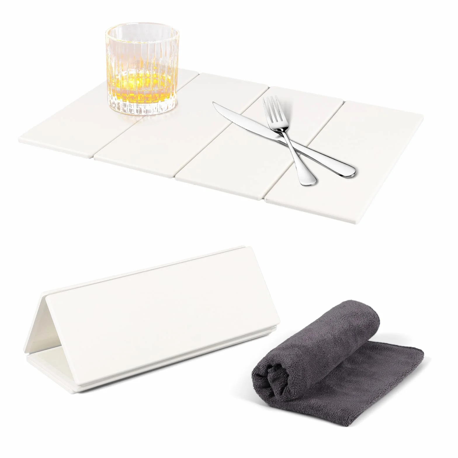 Alfombrilla Escurreplatos de Diatomita, 60x40cm Alfombra de Secado de Piedra Plegable con Toalla, Escurridor de Platos Absorbente Piedra, Secado Rápido, para Fregadero y Cocina Bano Encimera, Blanco
