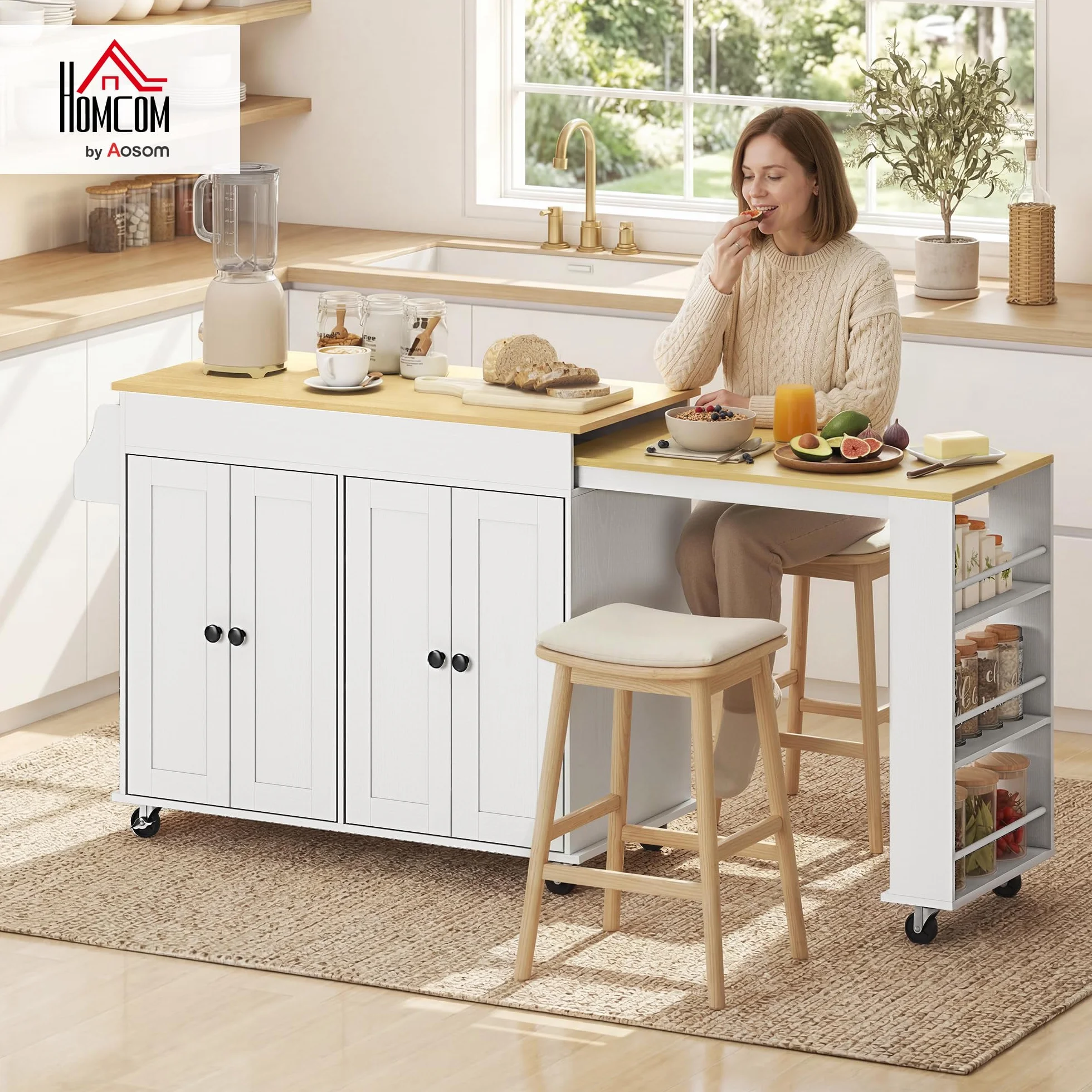 HOMCOM Isla de Cocina con Ruedas, Encimera Extensible, Carro de Cocina con 4 Puertas, Estantes Ajustables, Estantería Lateral Abierta, Especiero y Soporte para Toallas, para Comedor, Blanco