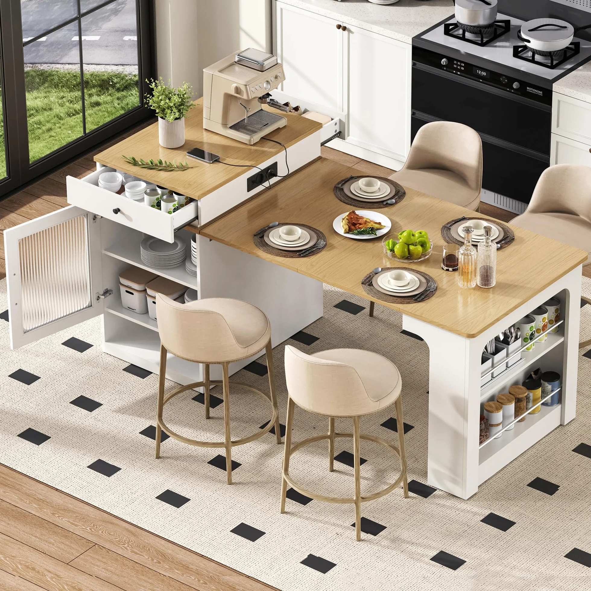 Isla de cocina móvil 80 x 71-151 cm con mesa extensible y enchufes, carrito de cocina con ruedas, mesa de bar, aparador, color blanco/natural, para pequeñas cocinas, comedores y oficinas en